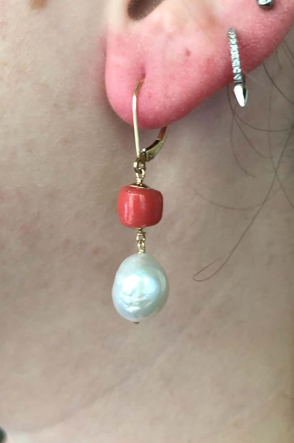 Coral and White Pearl Drop Earrings with 14 Karat Gold Lever-Backs
