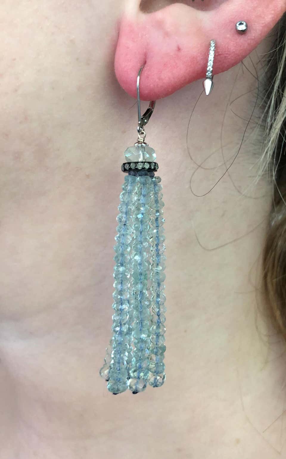 Aquamarine Graduated Tassel Earrings with 14k White Gold Lever-backs