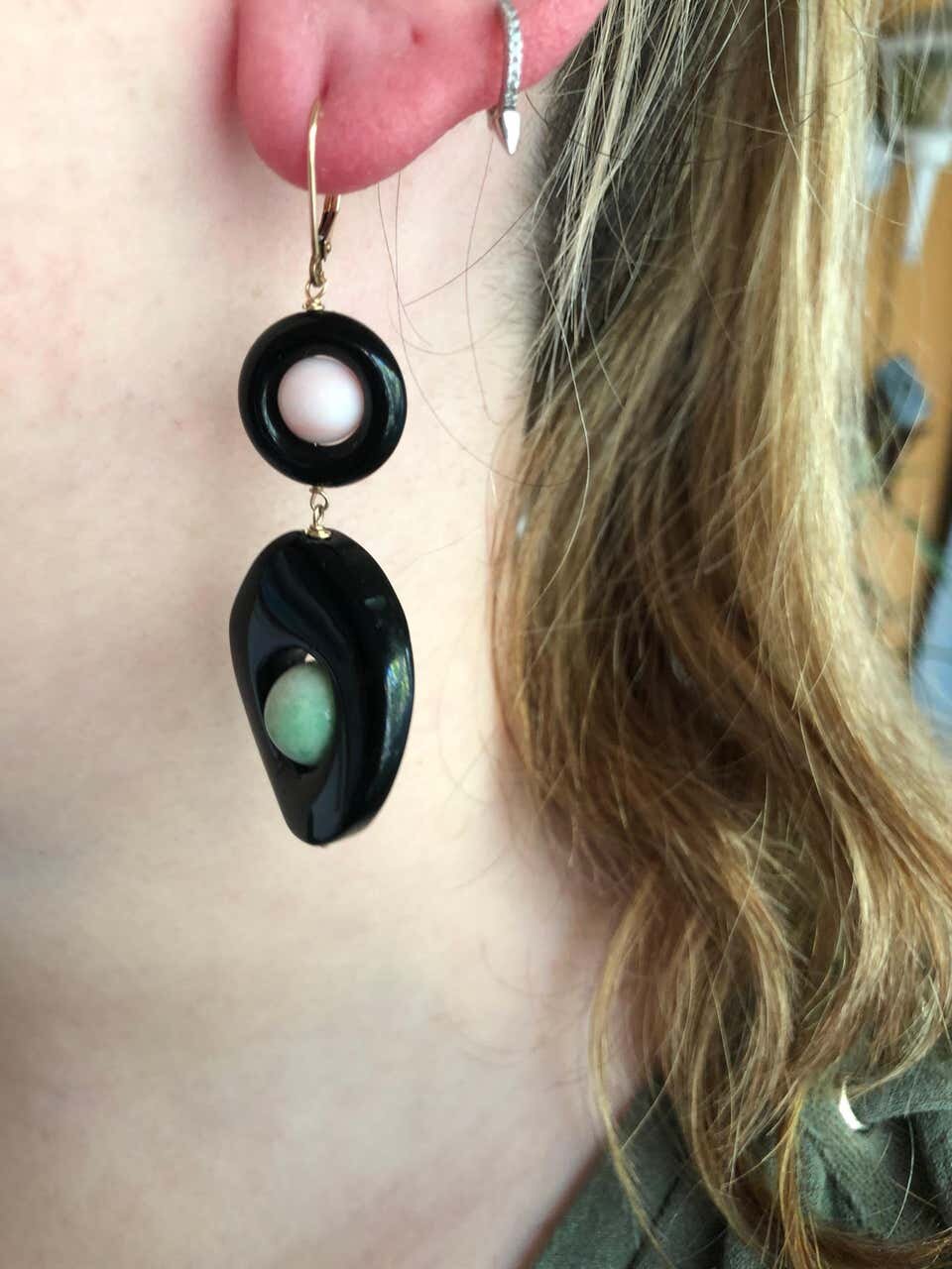 Pink Coral Onyx, and Jade Drop Earrings with 14 Karat Gold Lever-backs