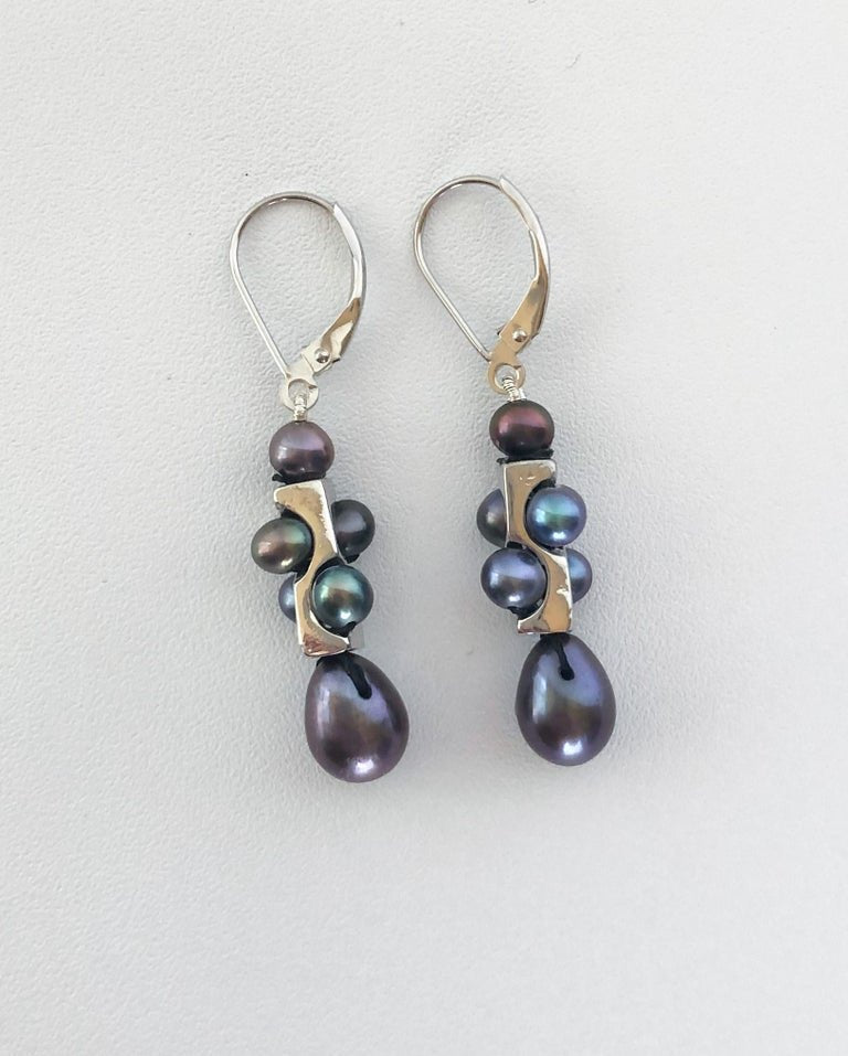 Unisex Infinity Earrings with Black Pearls and 14k White Gold Lever Back Hooks