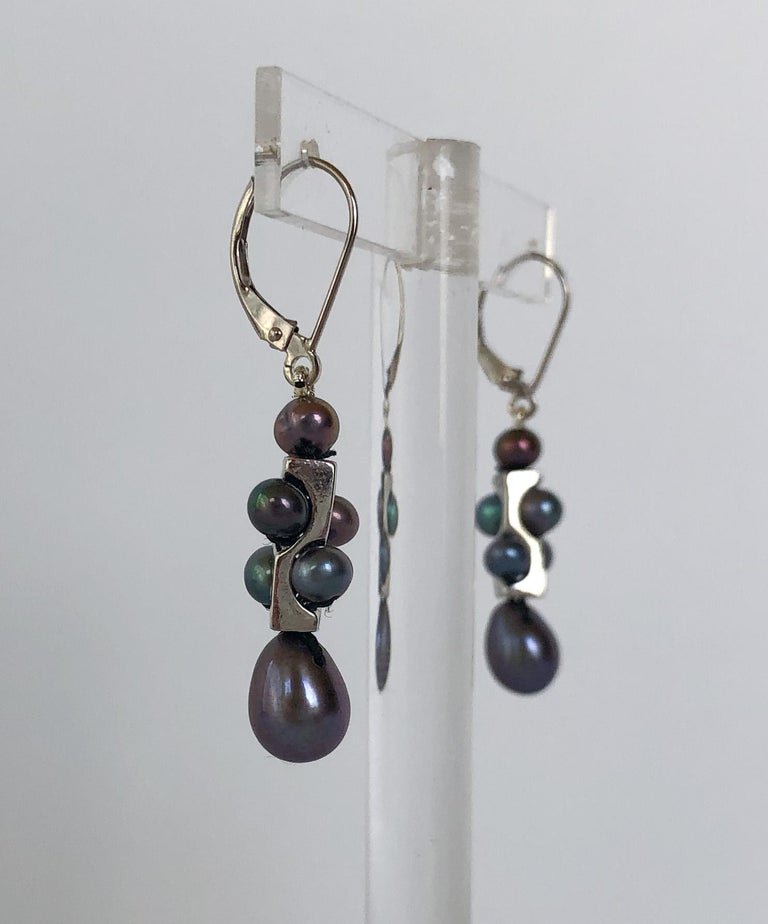 Unisex Infinity Earrings with Black Pearls and 14k White Gold Lever Back Hooks