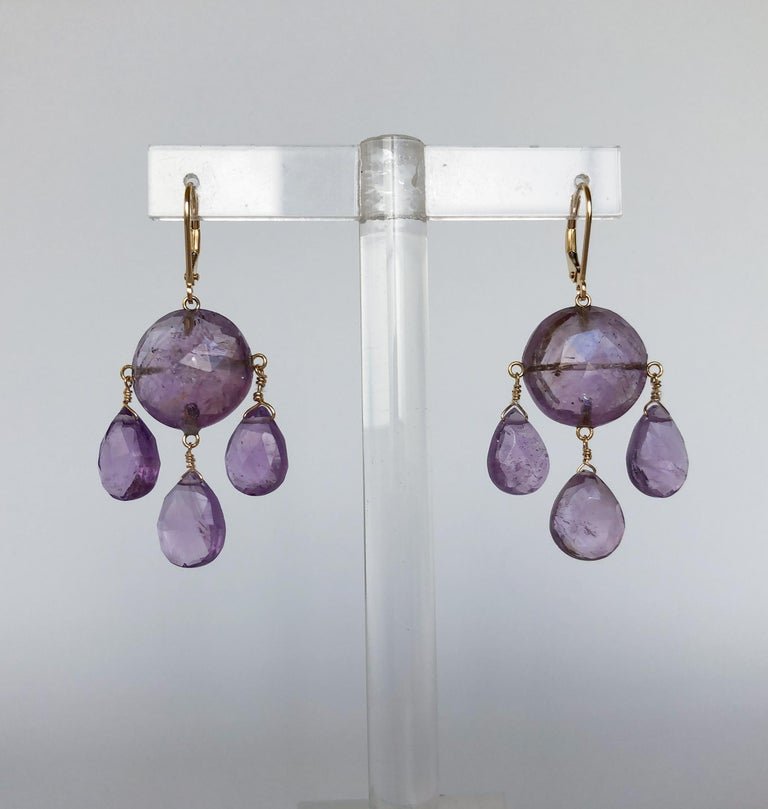 Unique Amethyst Drop Earrings with 14 Karat Yellow Gold Lever-Backs