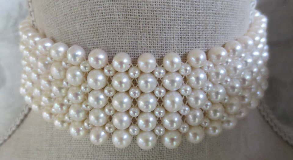 Marina J Multi-Strand Woven Pearl Choker with Rhodium Plated Silver Clasp