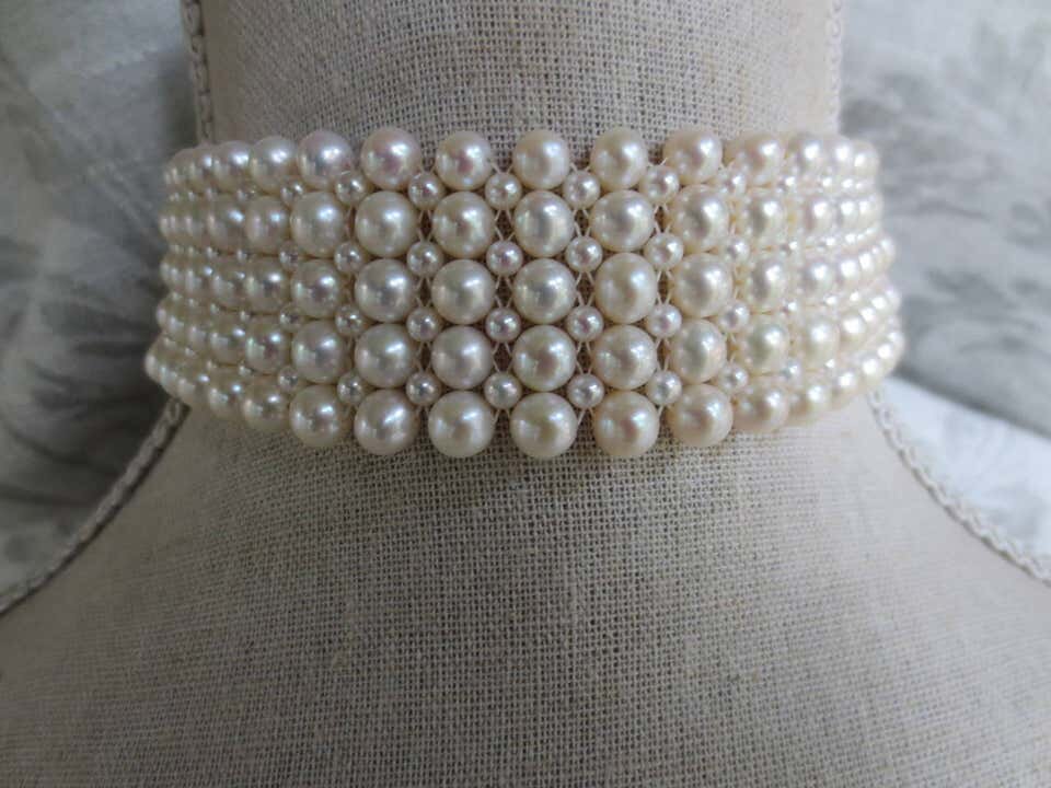 Marina J Multi-Strand Woven Pearl Choker with Rhodium Plated Silver Clasp