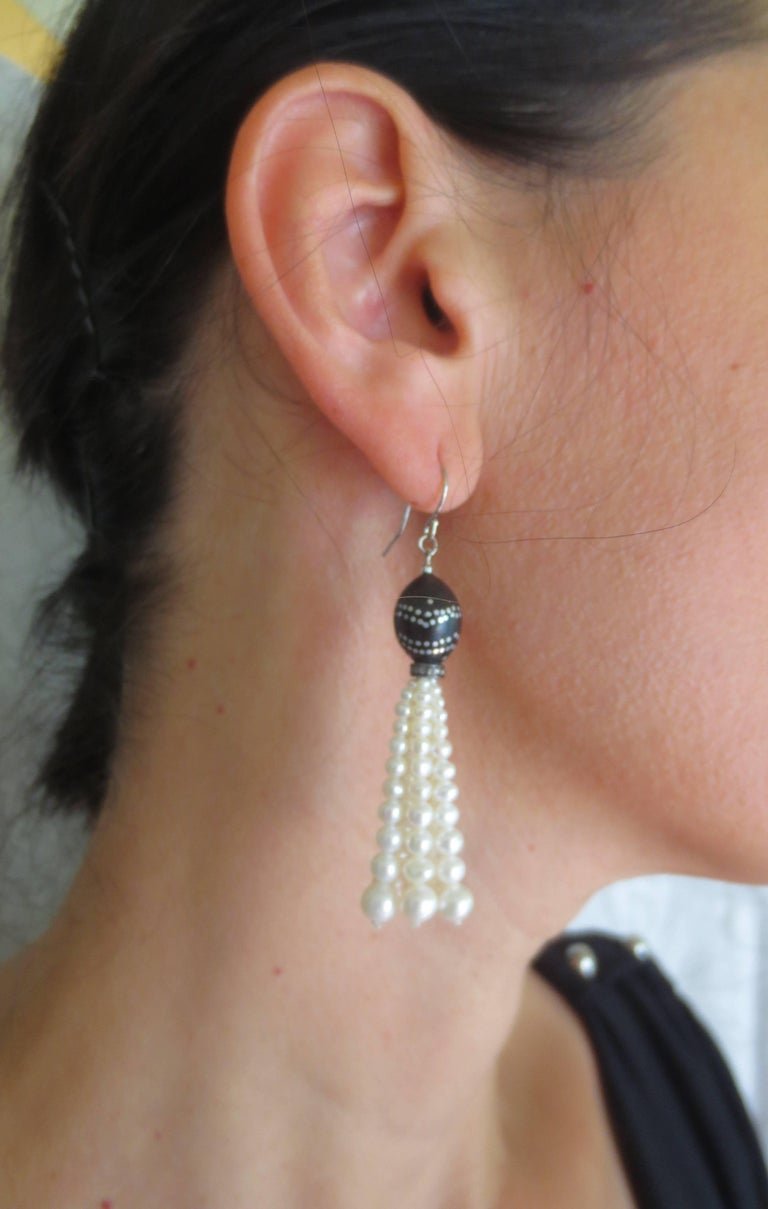 Graduated Pearl Tassel Earrings & Silver Inlay on Vintage Wooden Beads