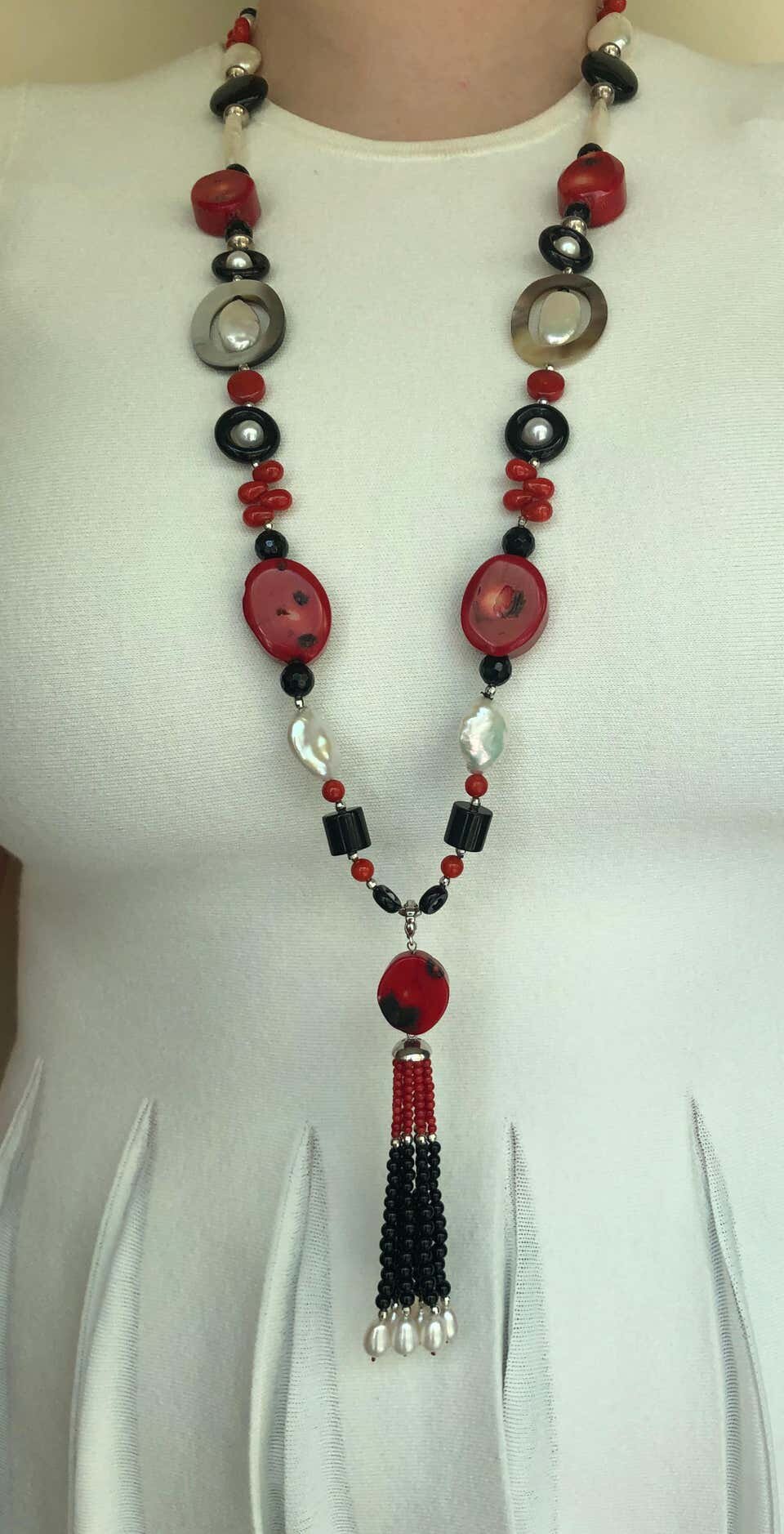 "Art Deco" Sautoir Necklace with Coral, Onyx, Pearl and Tassel