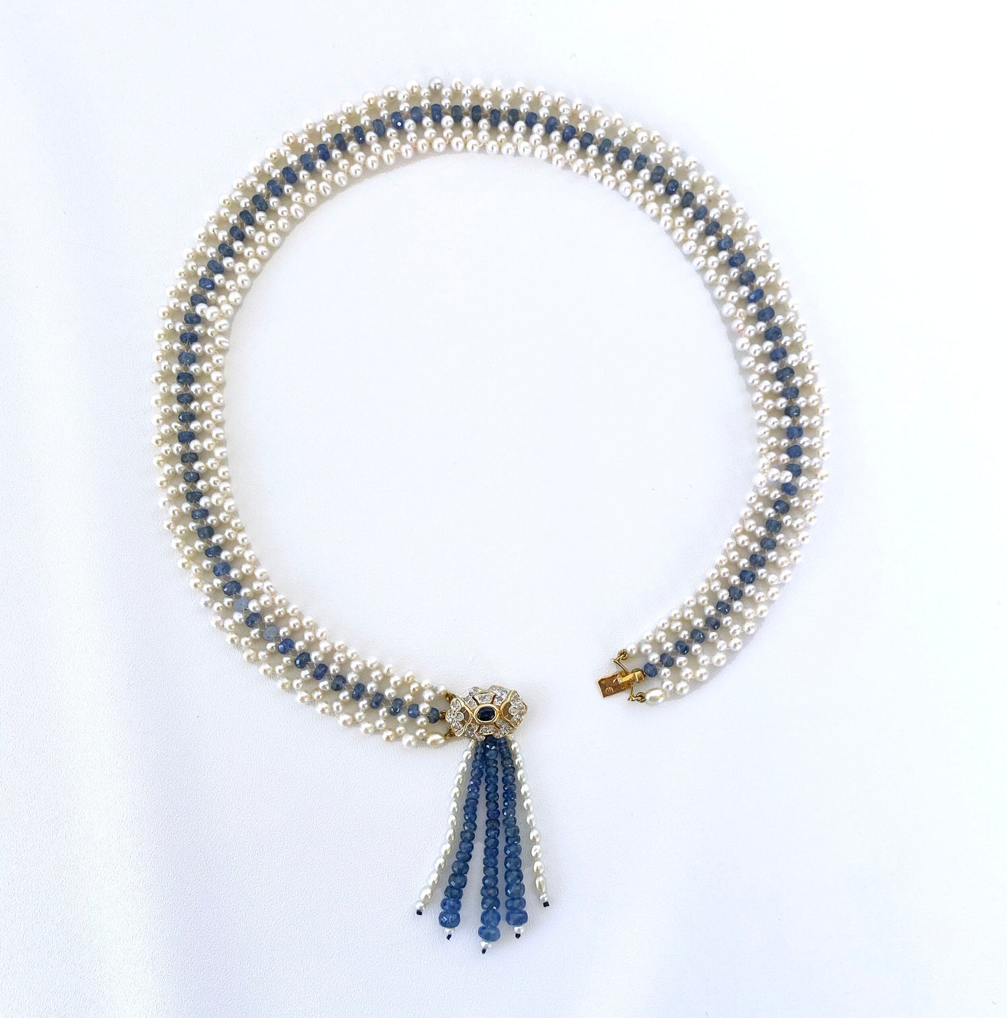 Woven Pearl and Sapphire Necklace with Diamond Centerpiece & 14K Gold