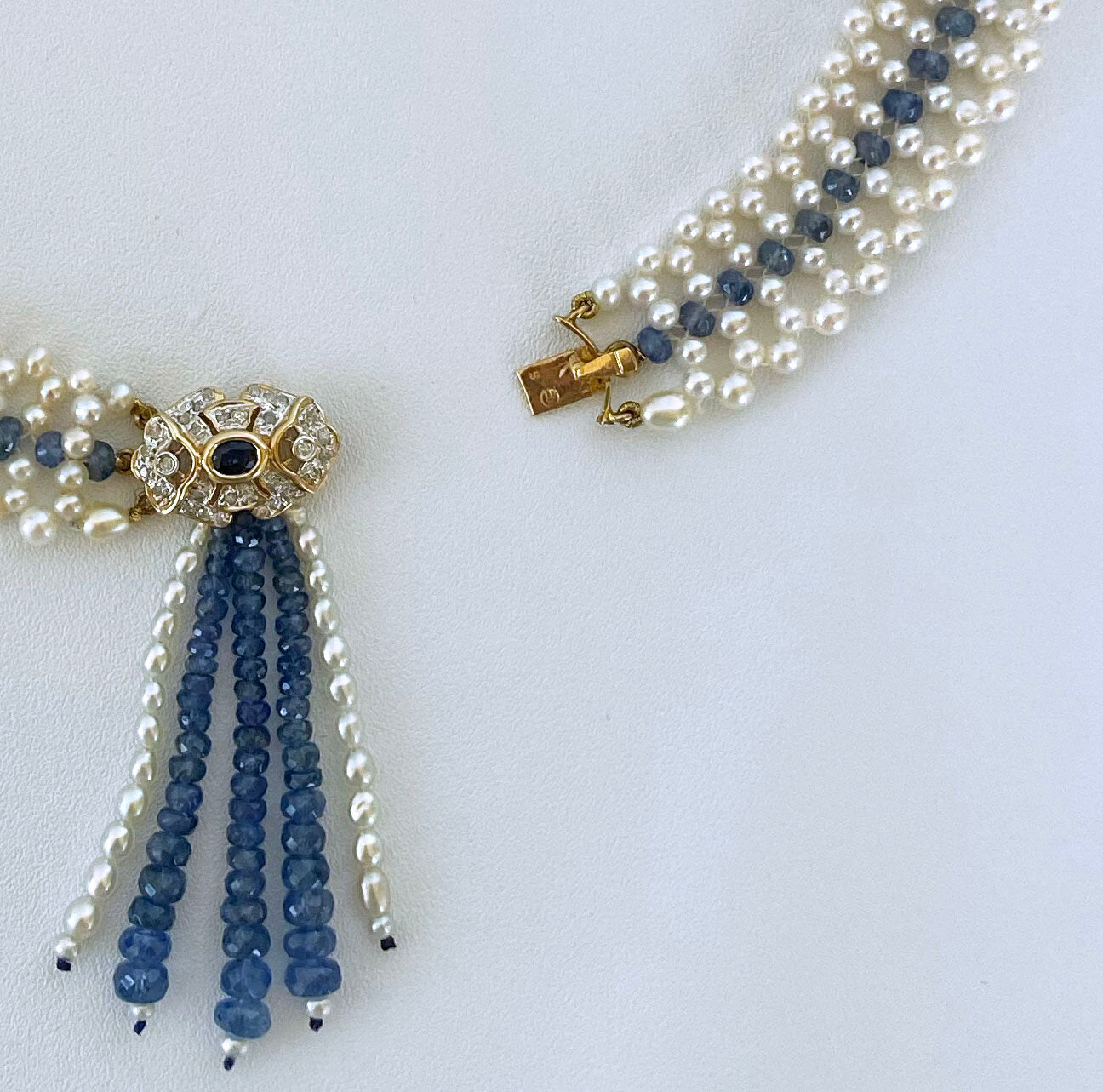 Woven Pearl and Sapphire Necklace with Diamond Centerpiece & 14K Gold