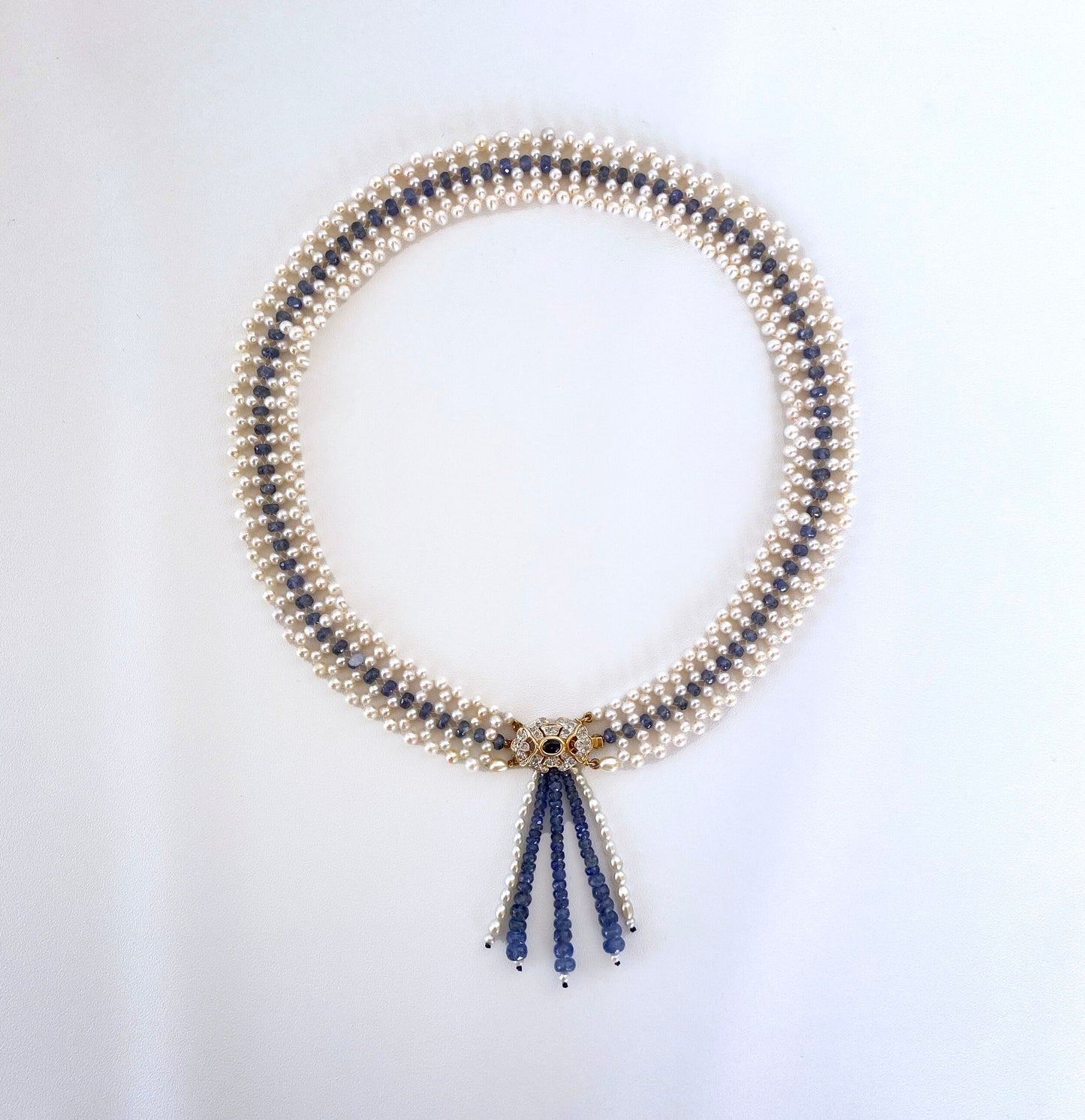 Woven Pearl and Sapphire Necklace with Diamond Centerpiece & 14K Gold