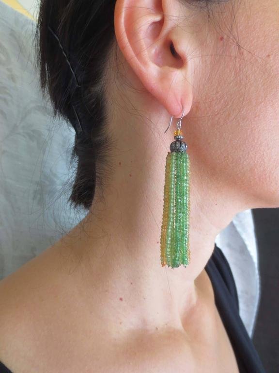 Green Tsavorite, Peridot, Citrine & Diamond tassel Earrings with Silver