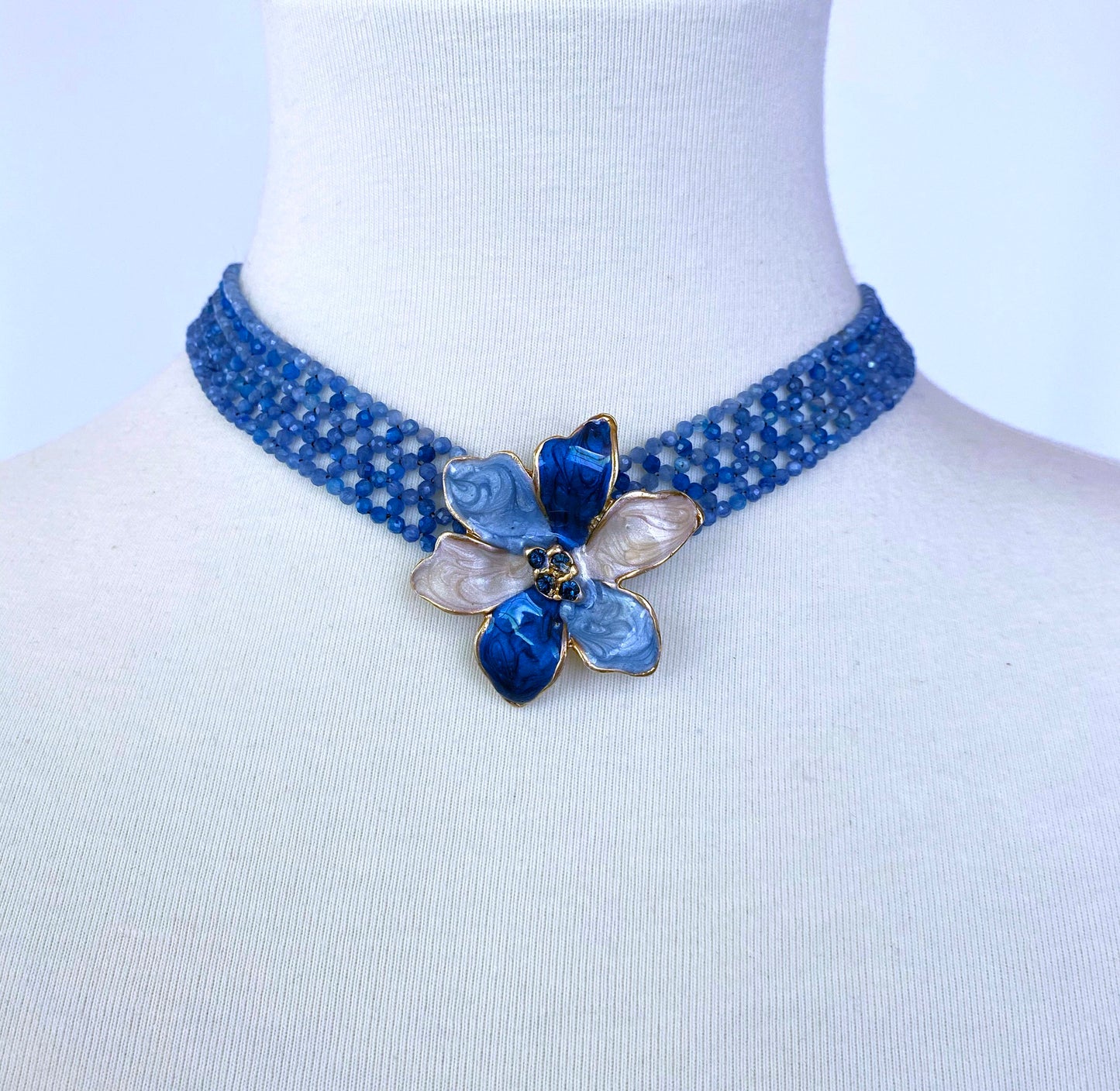 Woven Kyanite Bead "V" Shape Necklace with Sterling Silver Clasp & Brooch
