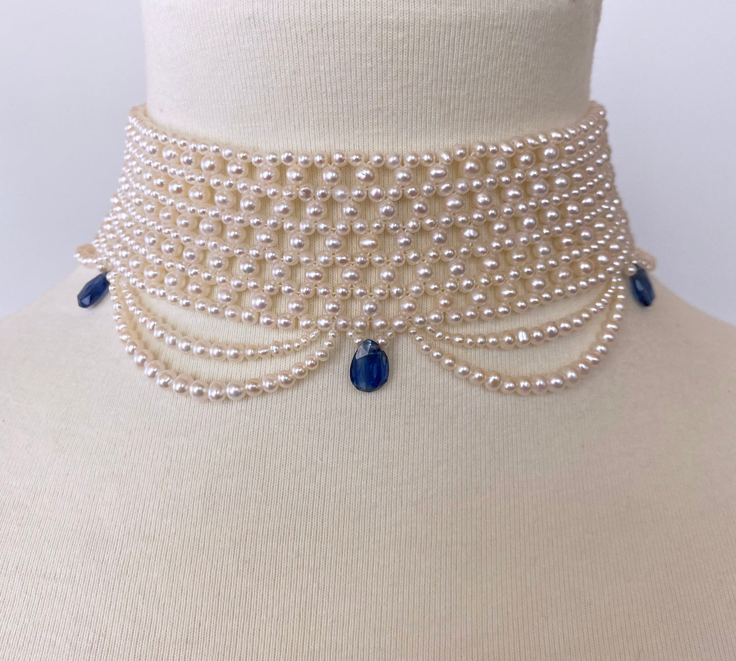 Woven Pearl Choker with Pearl Drapes and Kyanite Briolettes