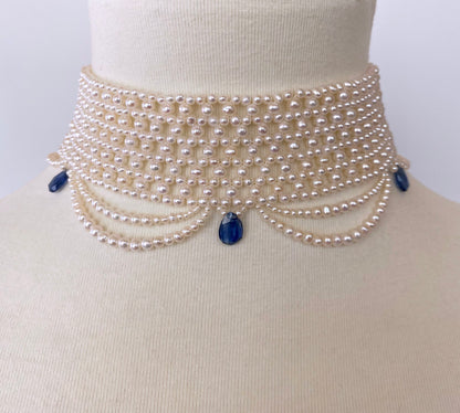 Woven Pearl Choker with Pearl Drapes and Kyanite Briolettes