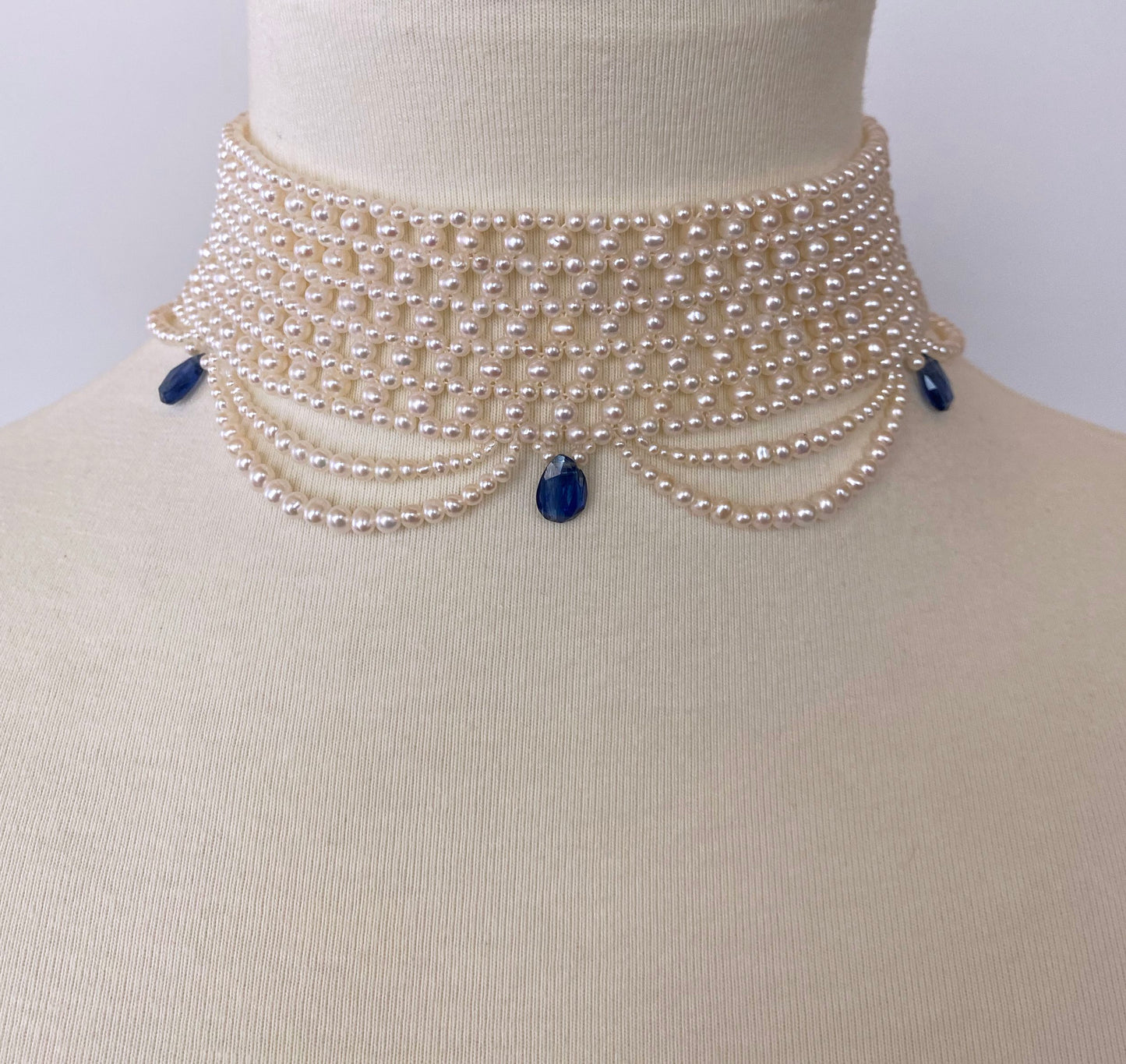 Woven Pearl Choker with Pearl Drapes and Kyanite Briolettes