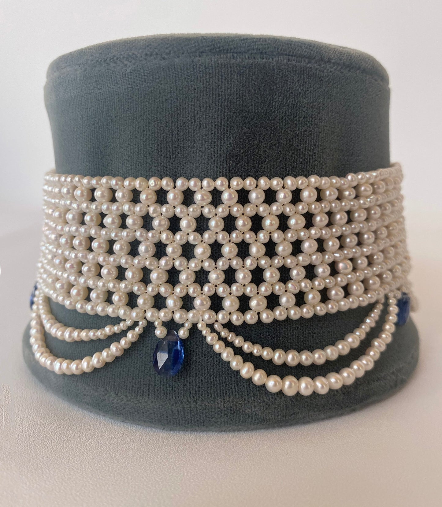 Woven Pearl Choker with Pearl Drapes and Kyanite Briolettes