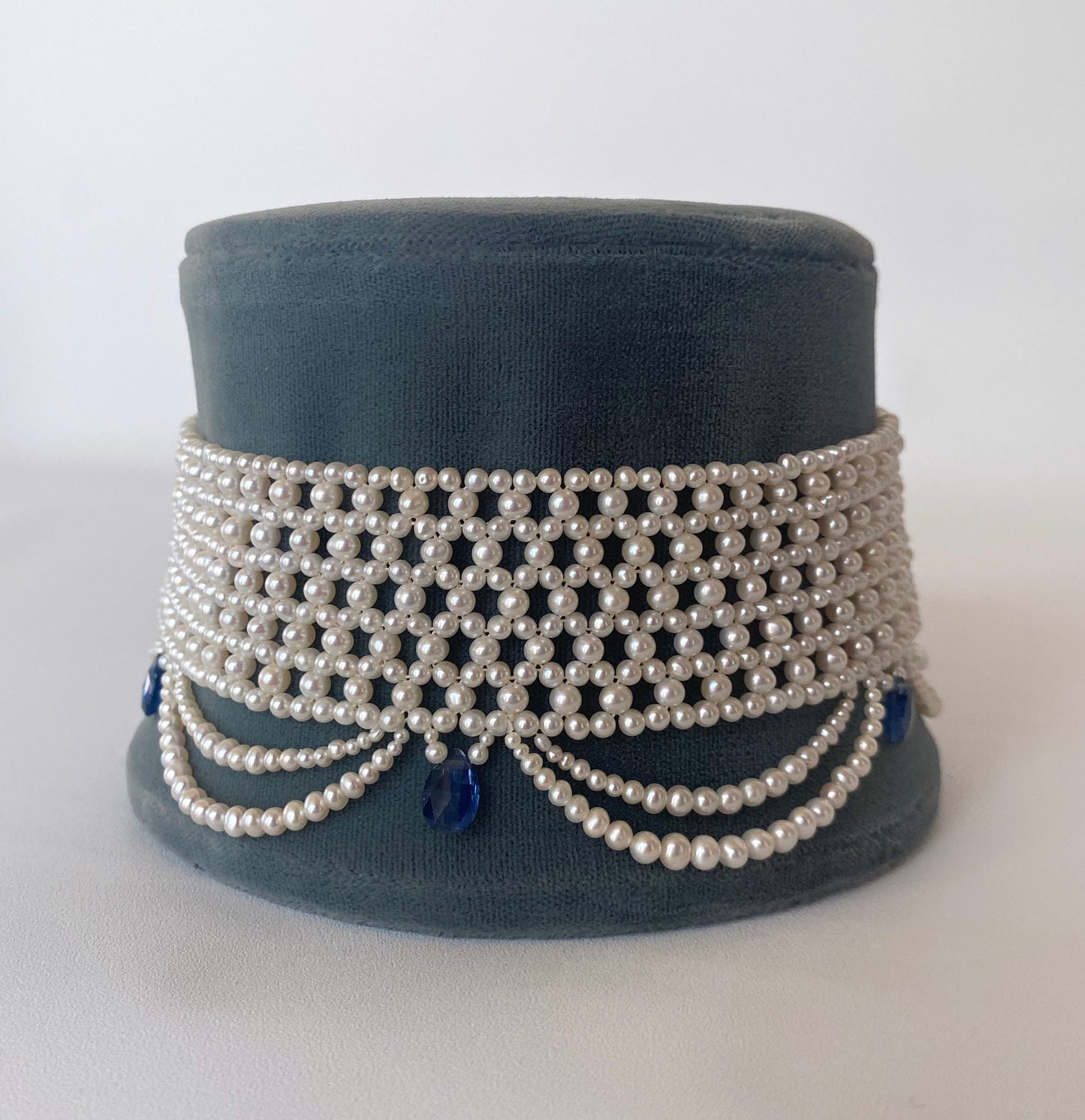 Woven Pearl Choker with Pearl Drapes and Kyanite Briolettes