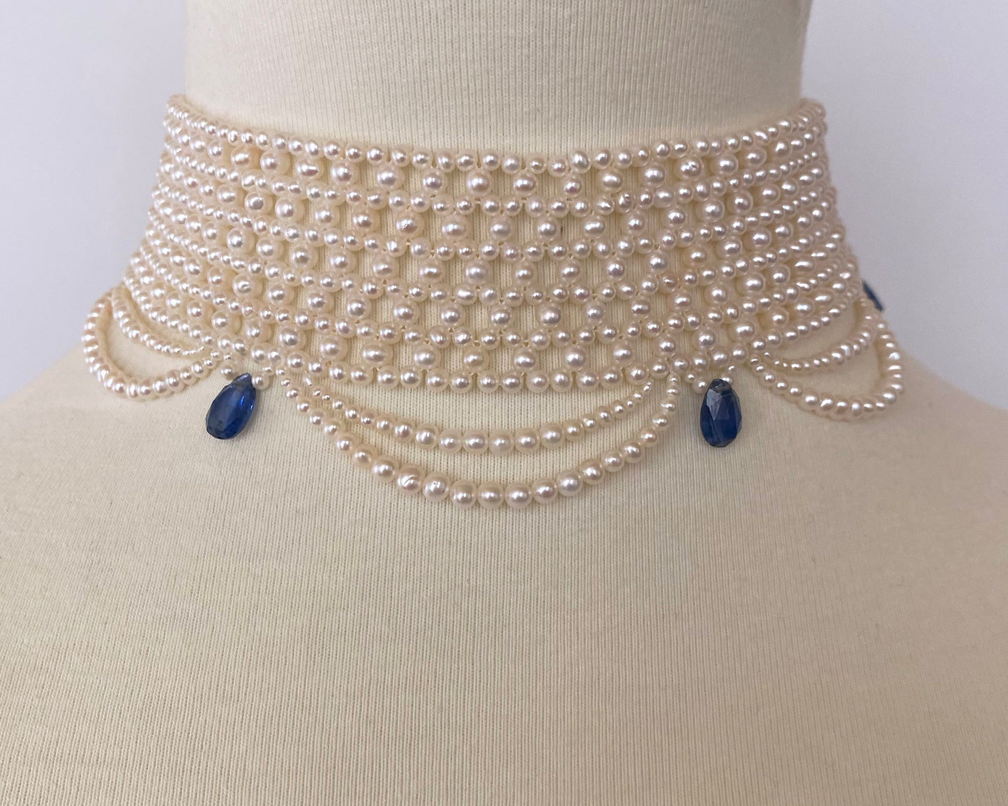 Woven Pearl Choker with Pearl Drapes and Kyanite Briolettes