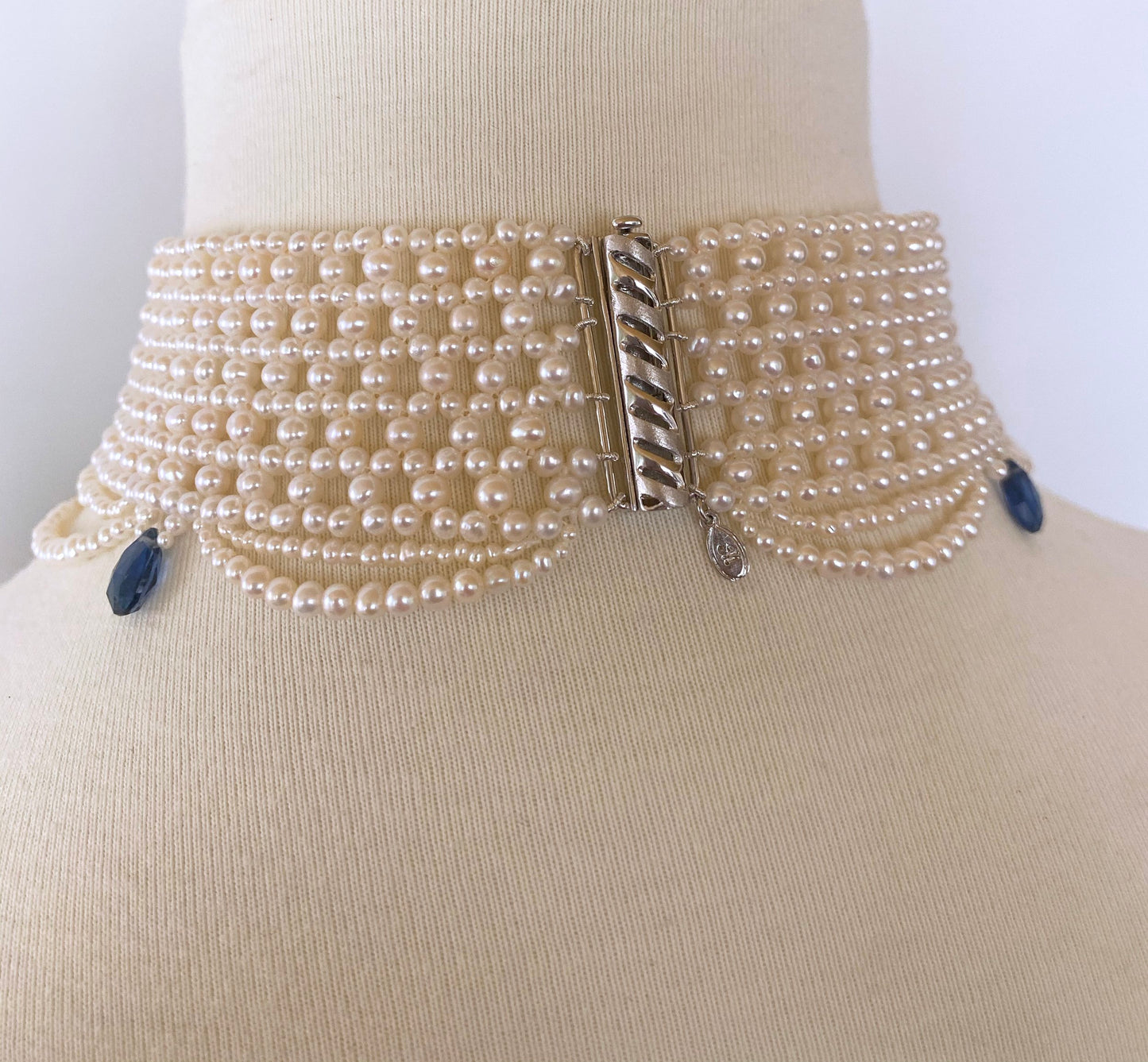 Woven Pearl Choker with Pearl Drapes and Kyanite Briolettes