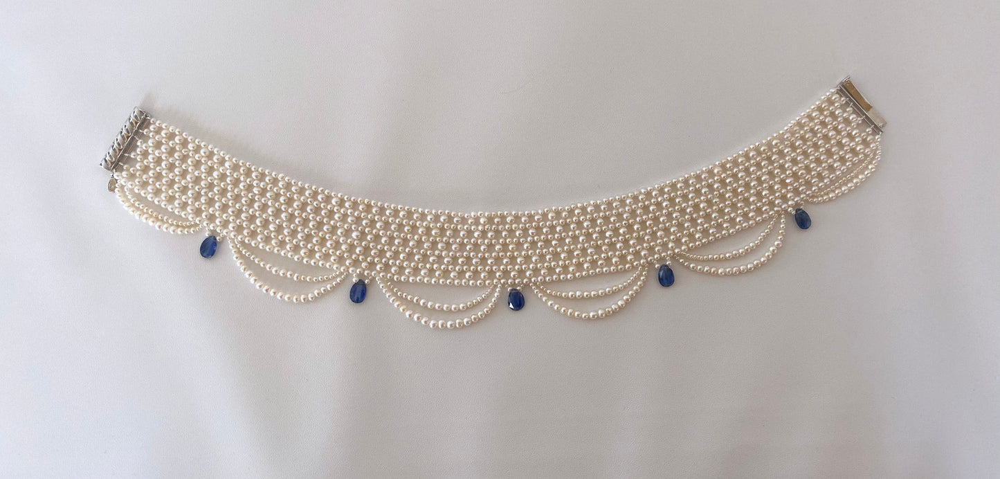 Woven Pearl Choker with Pearl Drapes and Kyanite Briolettes