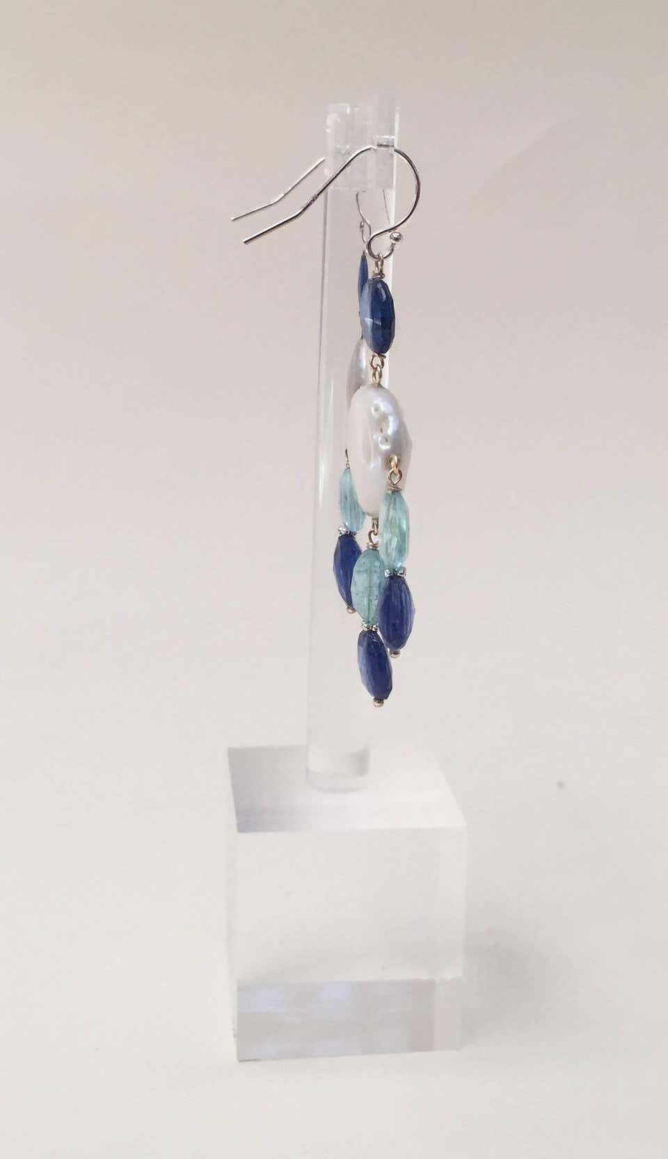 Pearl, Kyanite and Aqumarine Lever Back Earrings with 14k White Gold