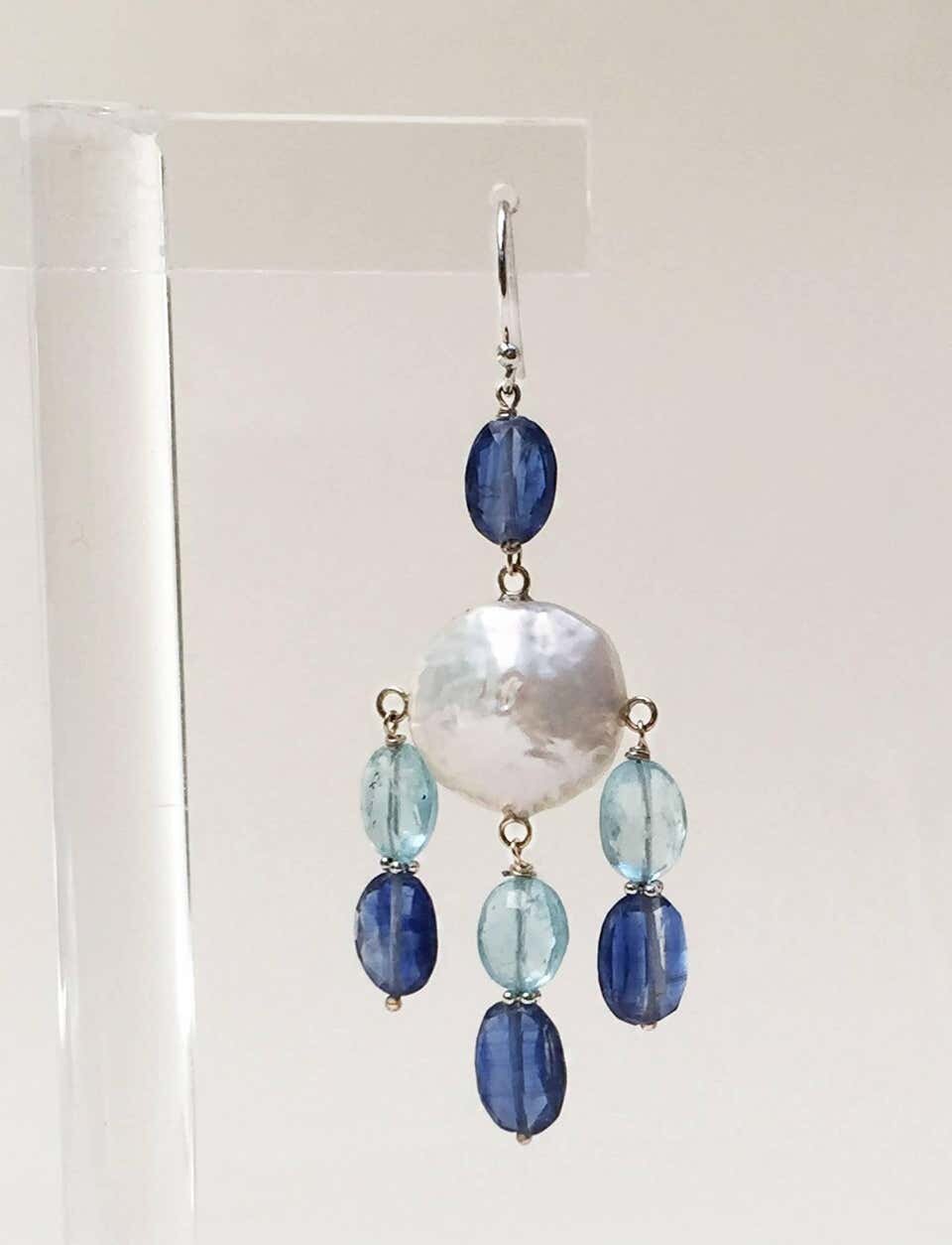 Pearl, Kyanite and Aqumarine Lever Back Earrings with 14k White Gold