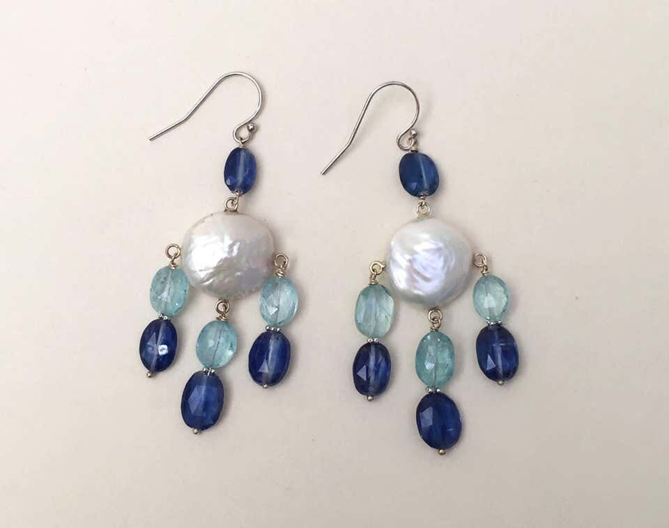 Pearl, Kyanite and Aqumarine Lever Back Earrings with 14k White Gold