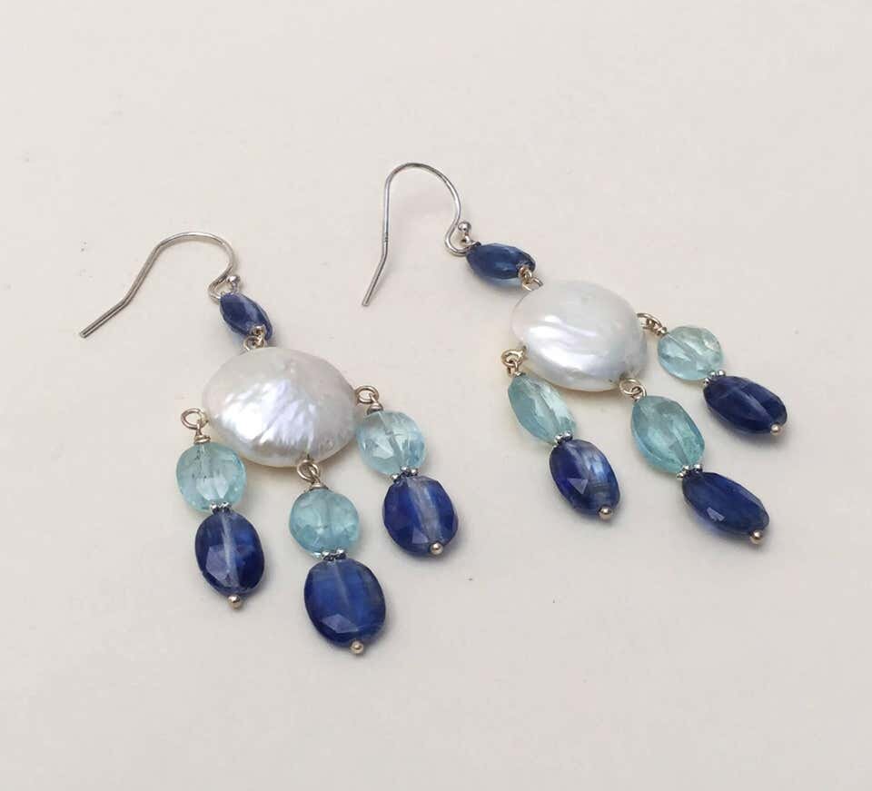 Pearl, Kyanite and Aqumarine Lever Back Earrings with 14k White Gold