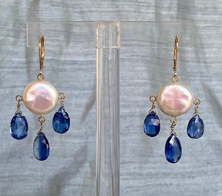 Flat Coin Pearl and Kyanite Drop Earrings with 14k Yellow Gold