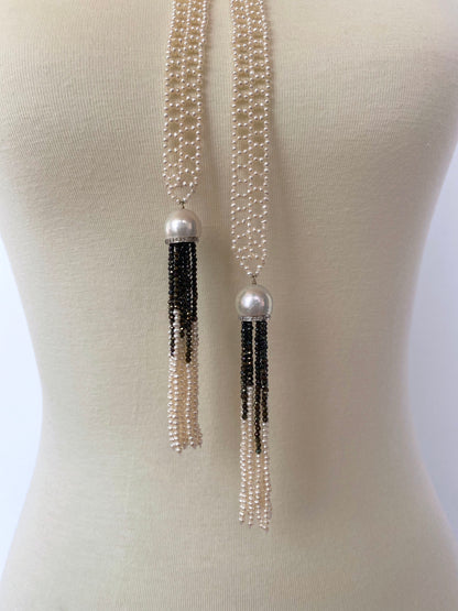 Woven Seed Pearl Sautoir with Black Onyx & 14k Yellow Gold