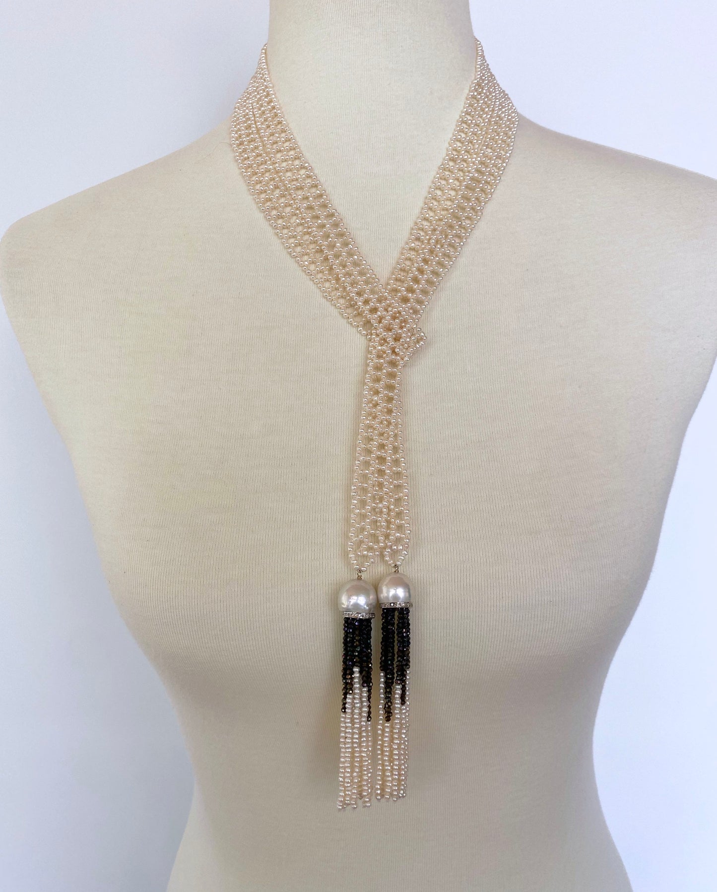 Woven Seed Pearl Sautoir with Black Onyx & 14k Yellow Gold