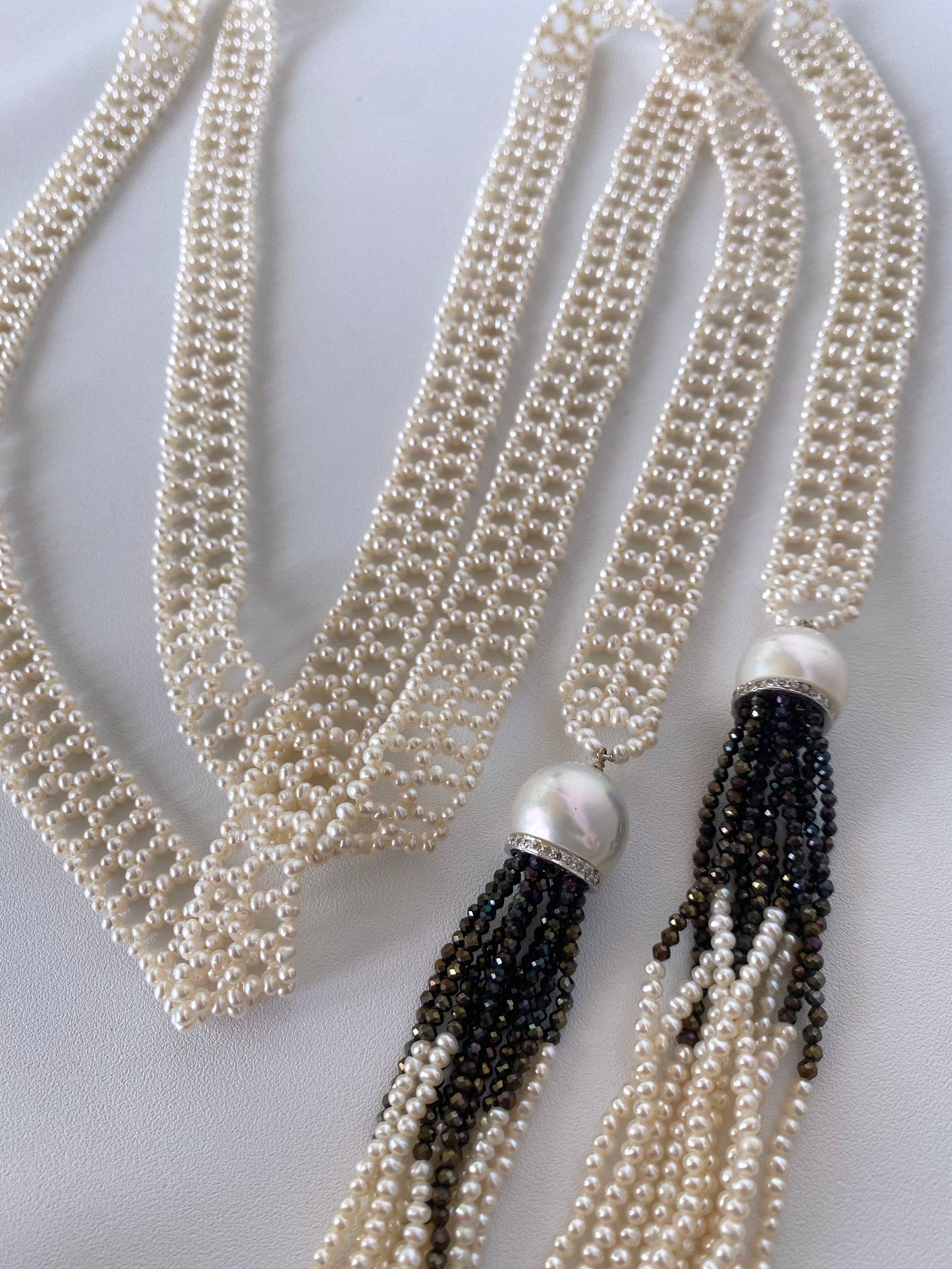 Woven Seed Pearl Sautoir with Black Onyx & 14k Yellow Gold