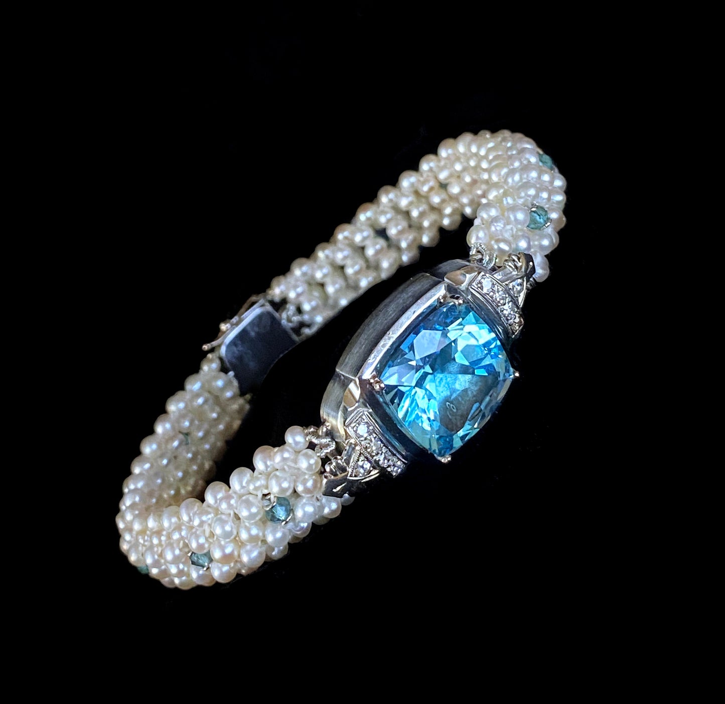 18k White Gold, Diamond, Pearl & London Blue Topaz Bracelet
