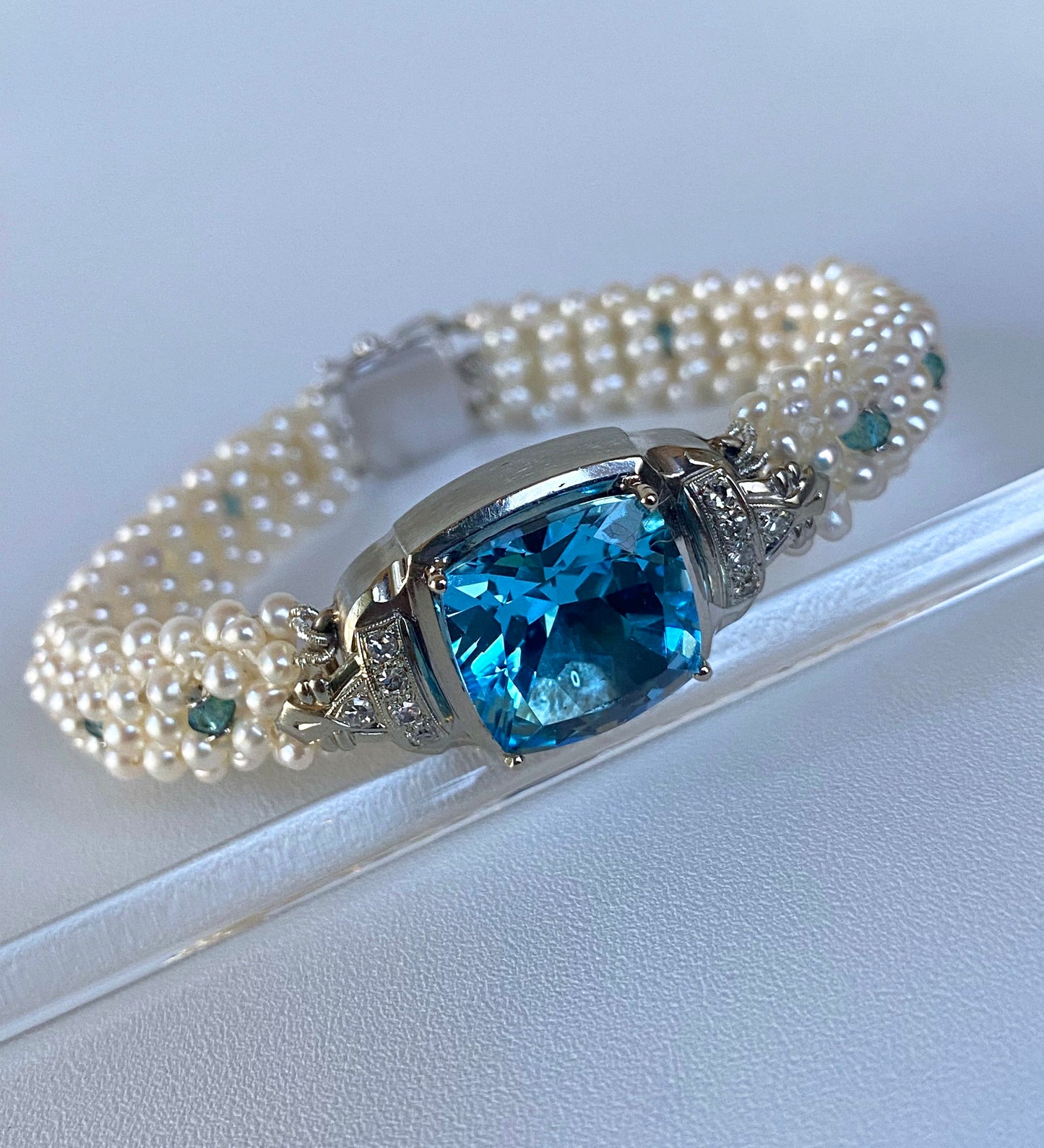 18k White Gold, Diamond, Pearl & London Blue Topaz Bracelet