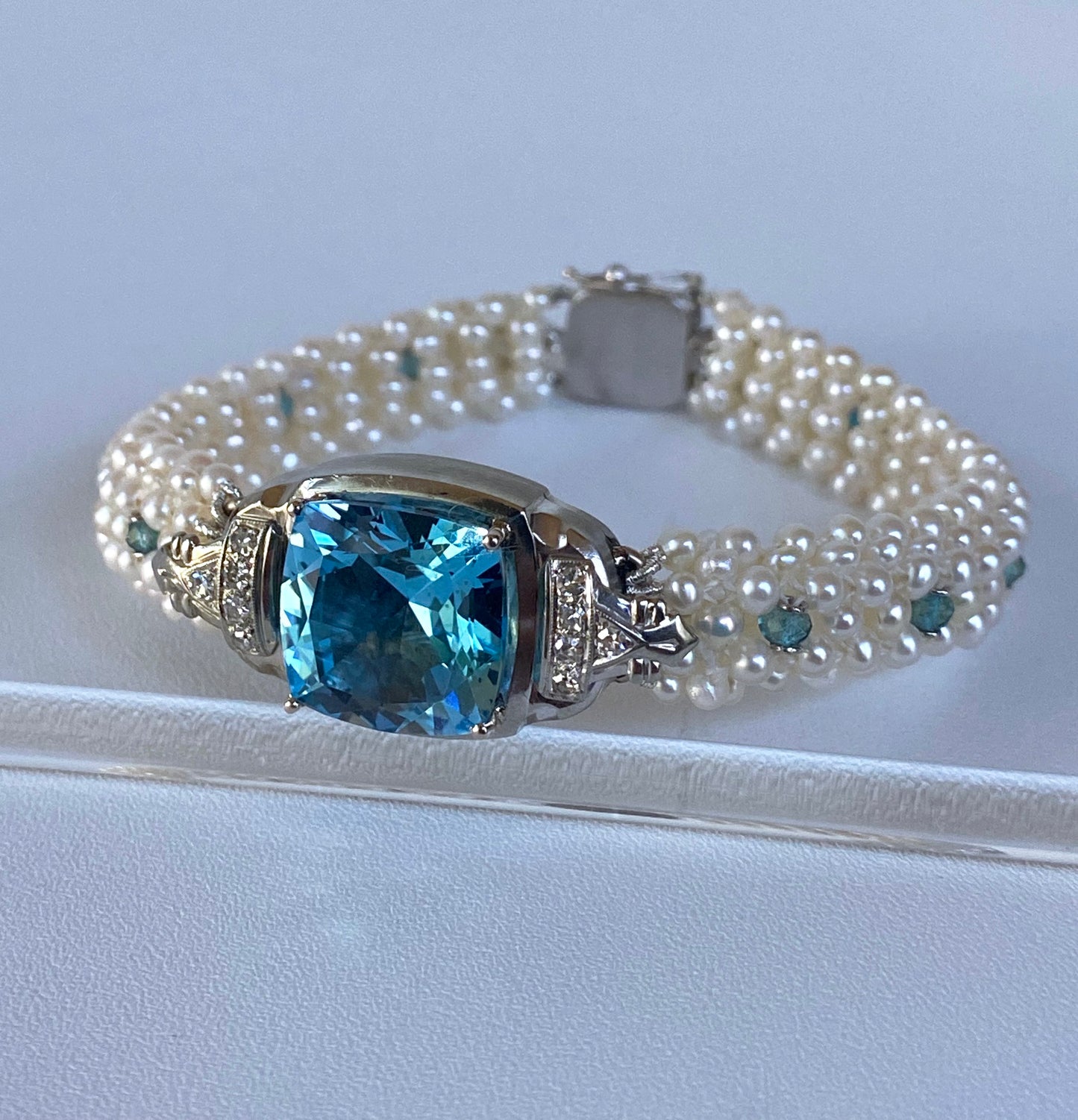 18k White Gold, Diamond, Pearl & London Blue Topaz Bracelet