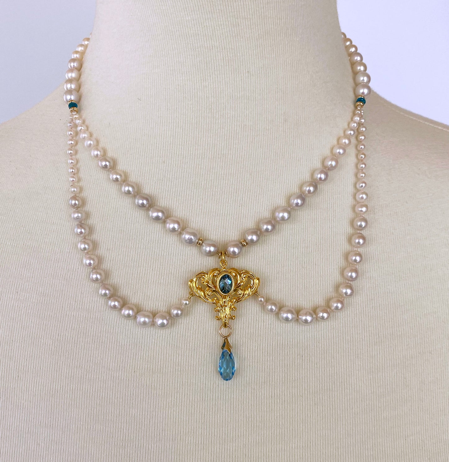 Marina J. London Blue Topaz, Pearl, 14K Yellow Gold & Victorian Pendant Necklace