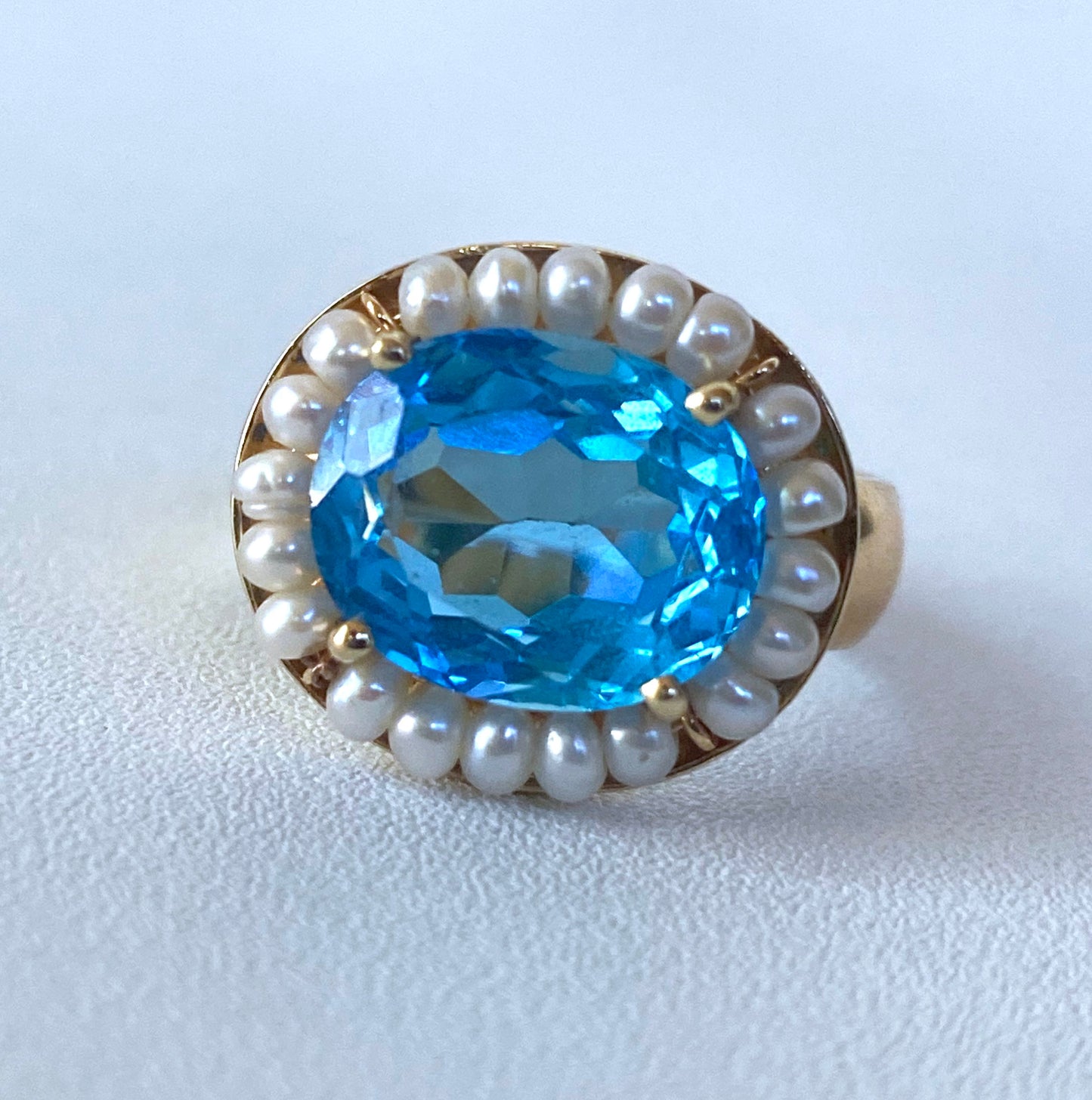 Blue Topaz Ring with Seed Pearls and 14 Karat Gold Band