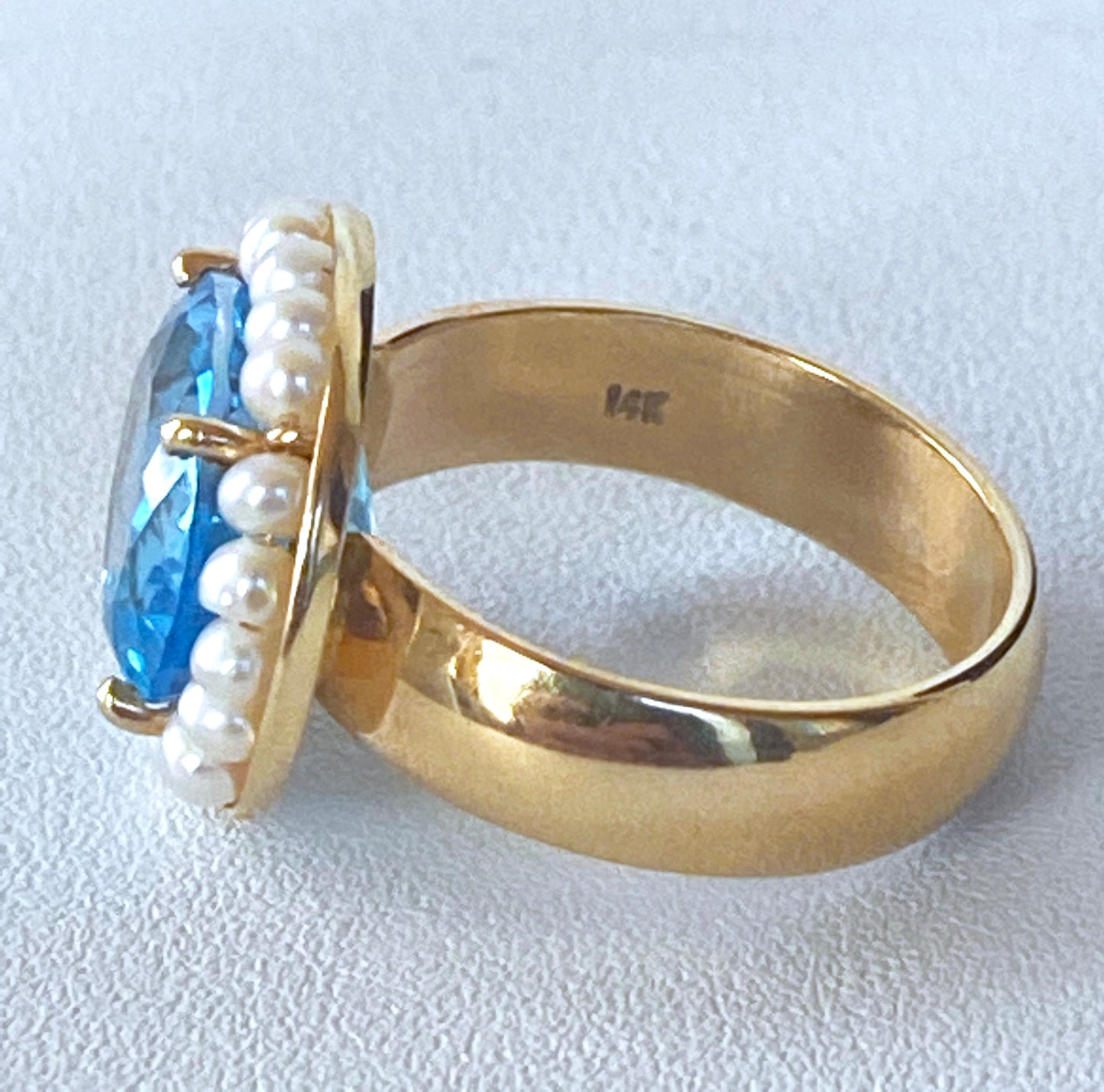 Blue Topaz Ring with Seed Pearls and 14 Karat Gold Band