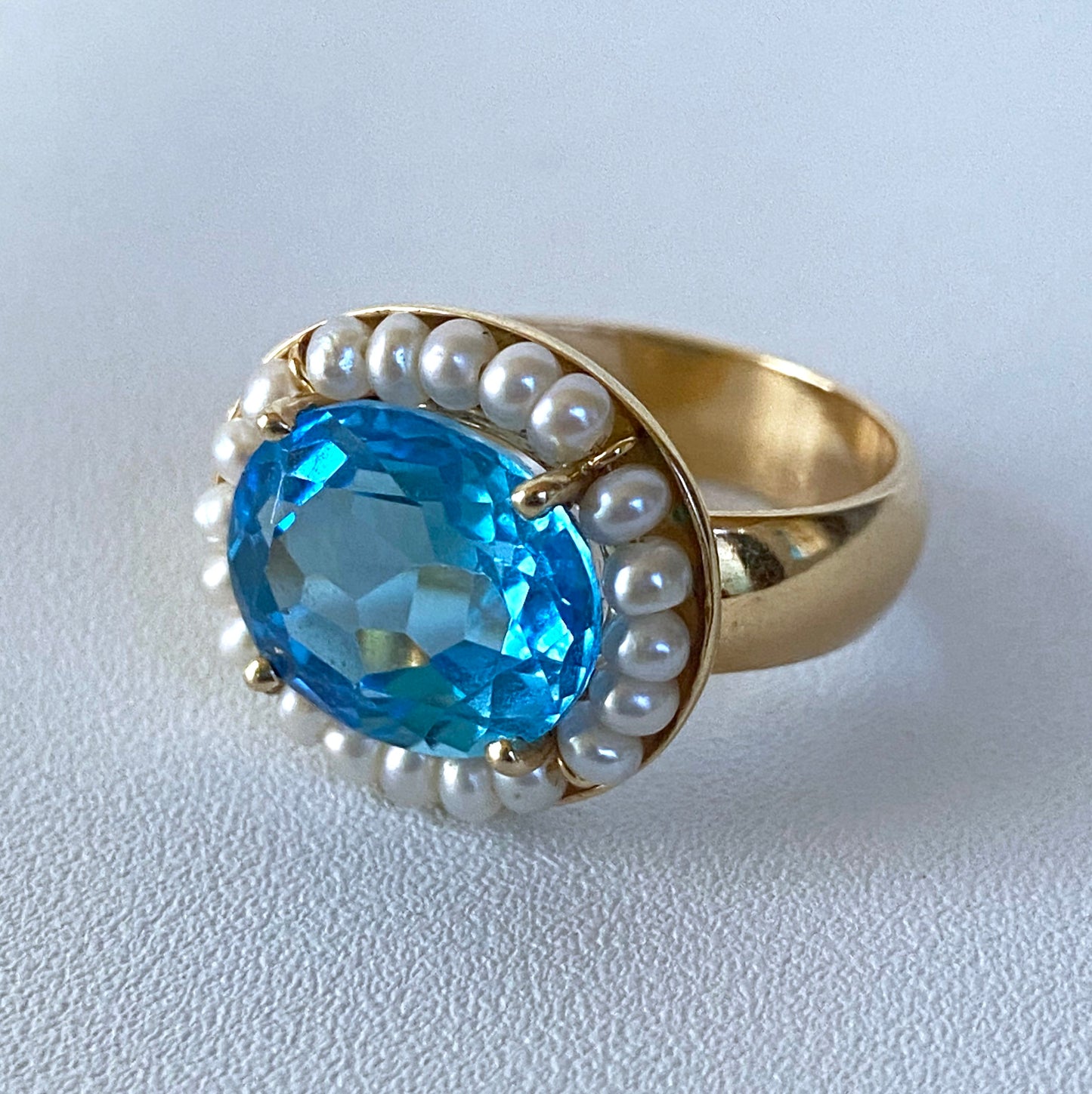 Blue Topaz Ring with Seed Pearls and 14 Karat Gold Band