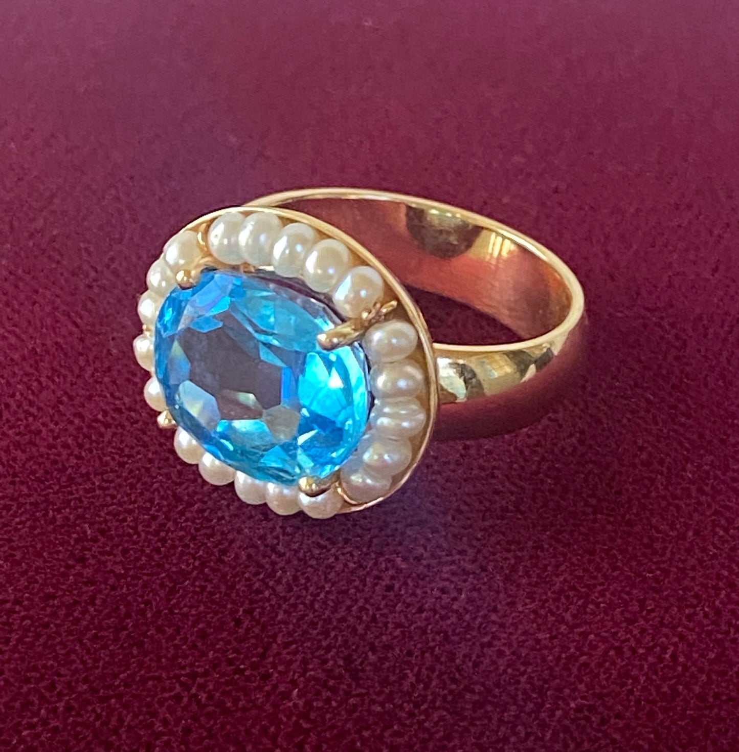 Blue Topaz Ring with Seed Pearls and 14 Karat Gold Band