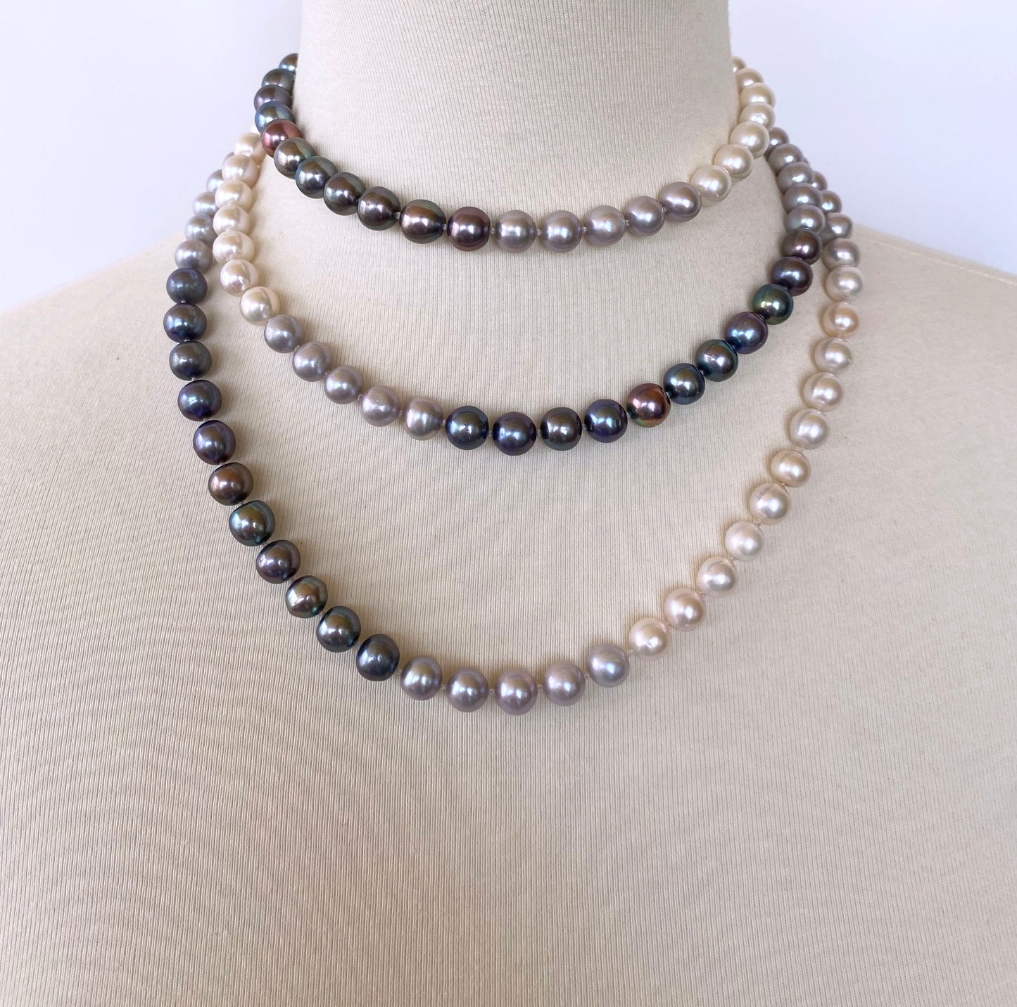 All Pearl, Long Ombre Necklace with 14k Yellow Gold