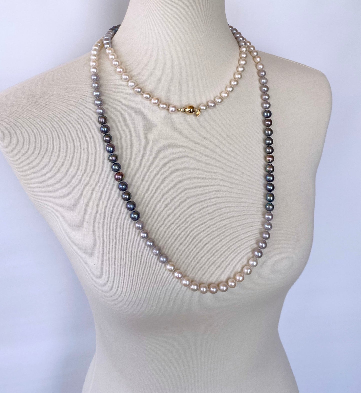 All Pearl, Long Ombre Necklace with 14k Yellow Gold