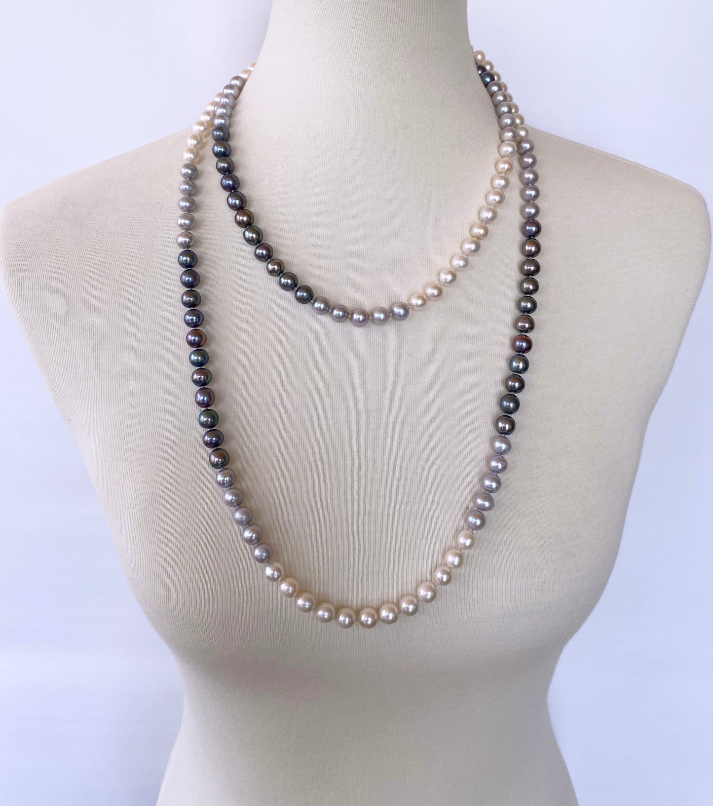 All Pearl, Long Ombre Necklace with 14k Yellow Gold