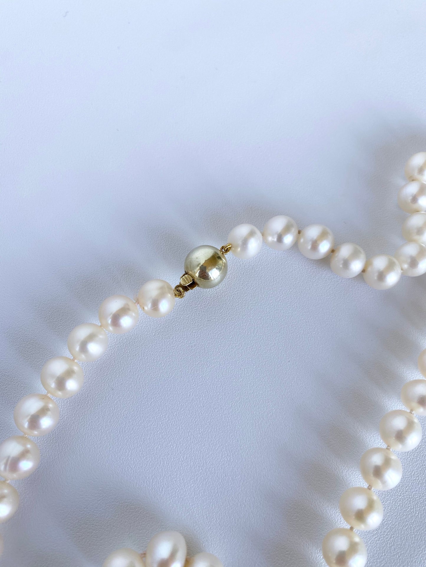 Long Pearl Knotted Necklace with 14k Yellow Gold Ball Clasp