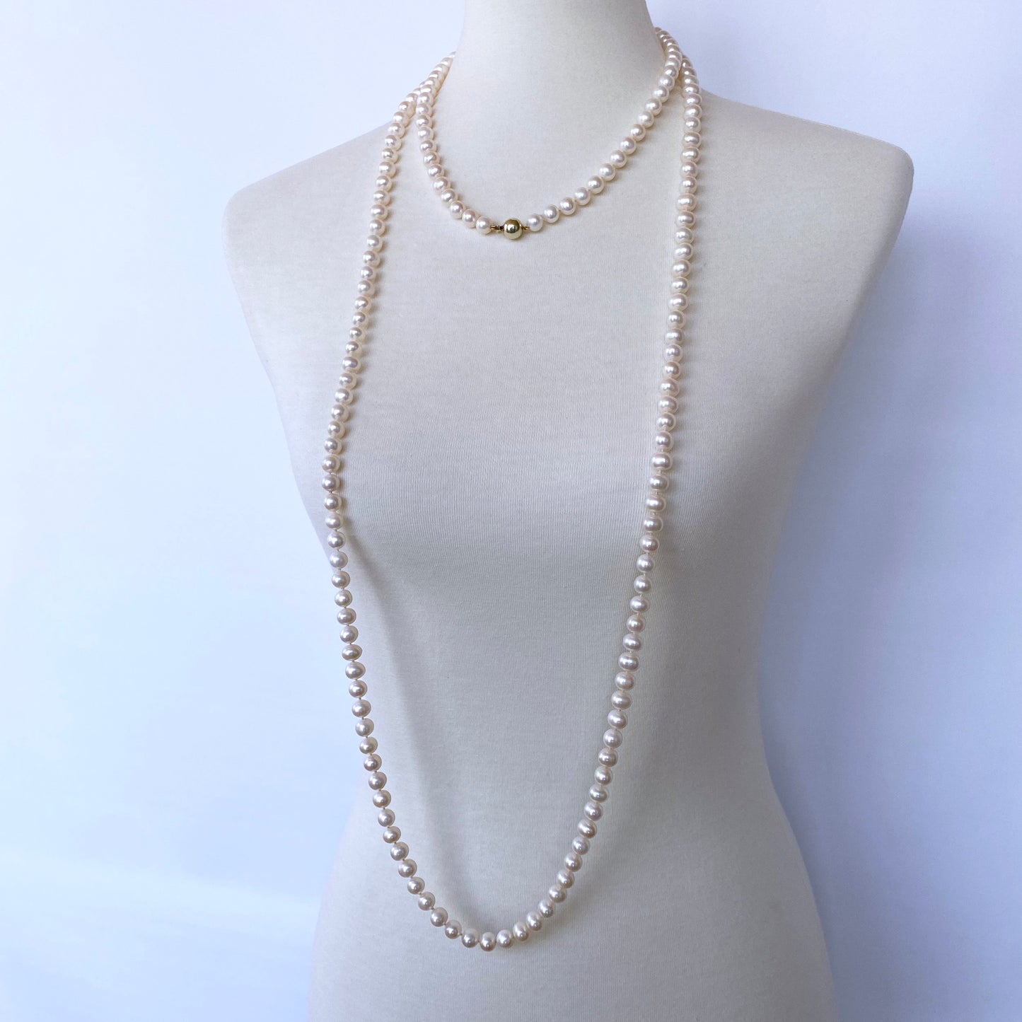 Long Pearl Knotted Necklace with 14k Yellow Gold Ball Clasp