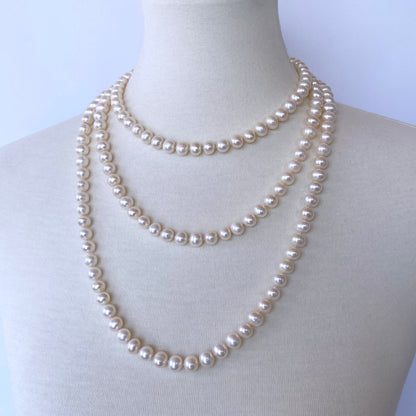 Long Pearl Knotted Necklace with 14k Yellow Gold Ball Clasp