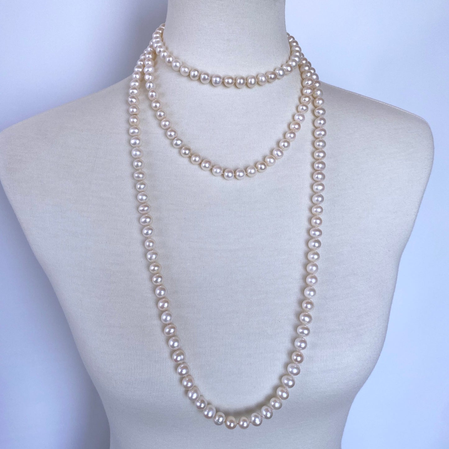 Long Pearl Knotted Necklace with 14k Yellow Gold Ball Clasp