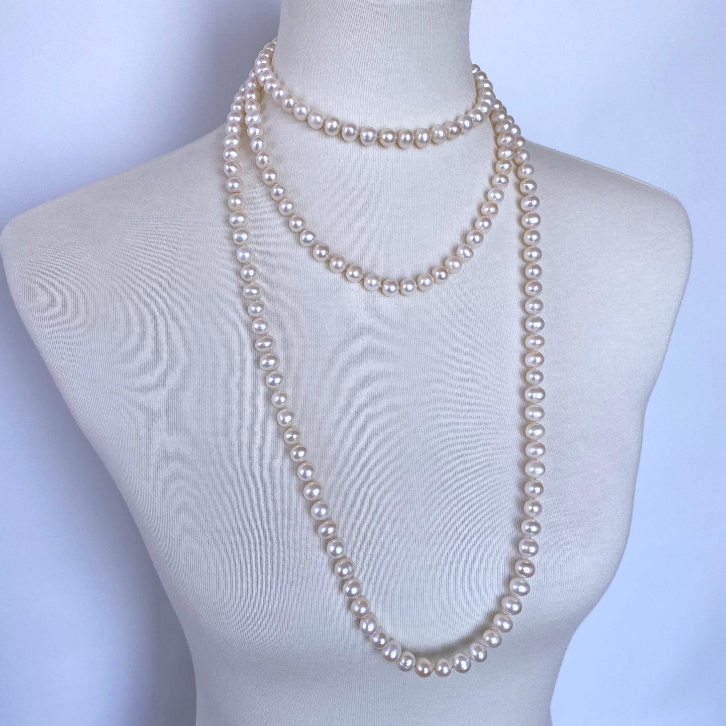 Long Pearl Knotted Necklace with 14k Yellow Gold Ball Clasp