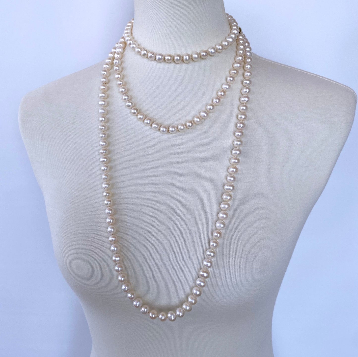 Long Pearl Knotted Necklace with 14k Yellow Gold Ball Clasp