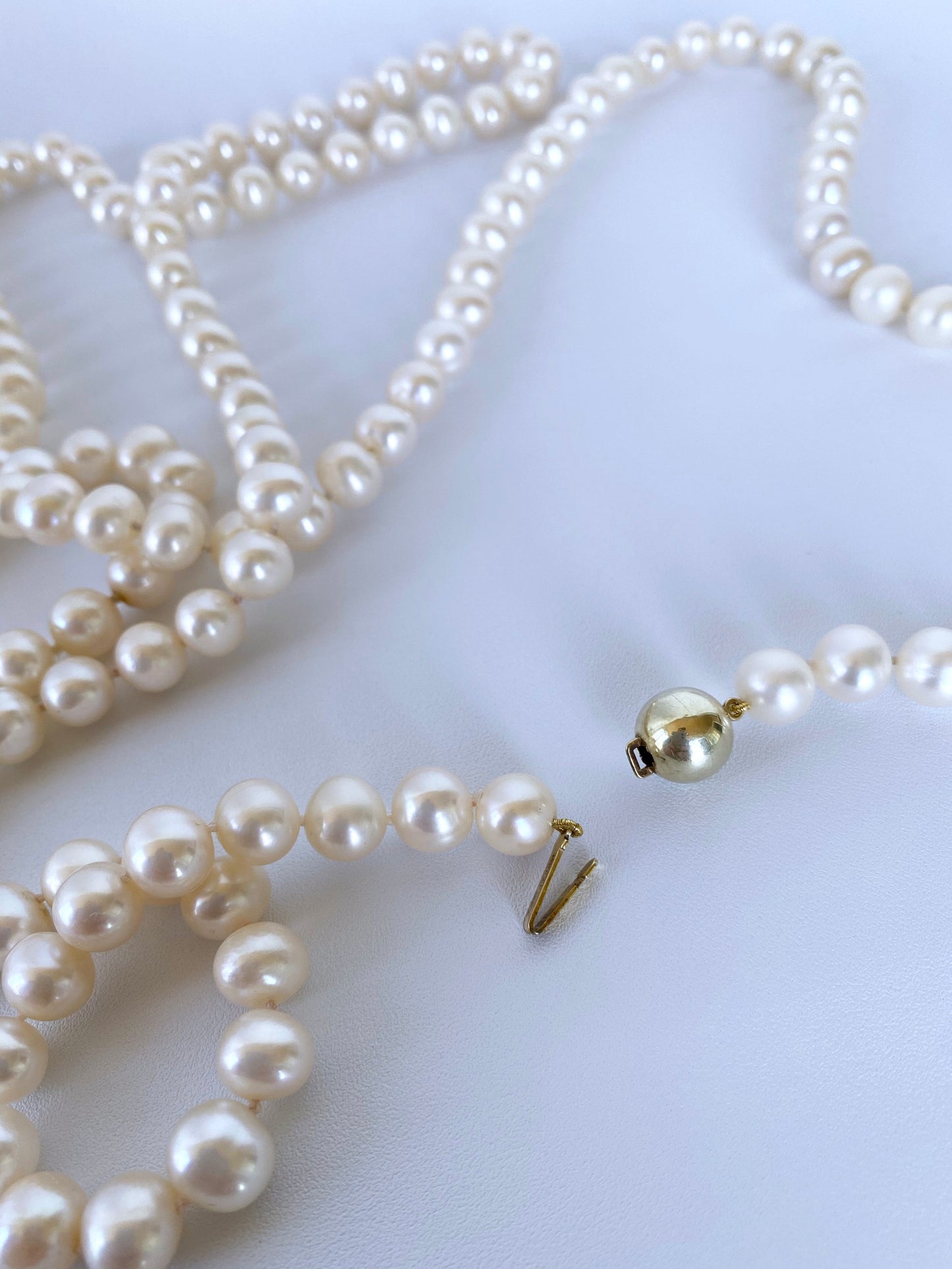 Long Pearl Knotted Necklace with 14k Yellow Gold Ball Clasp