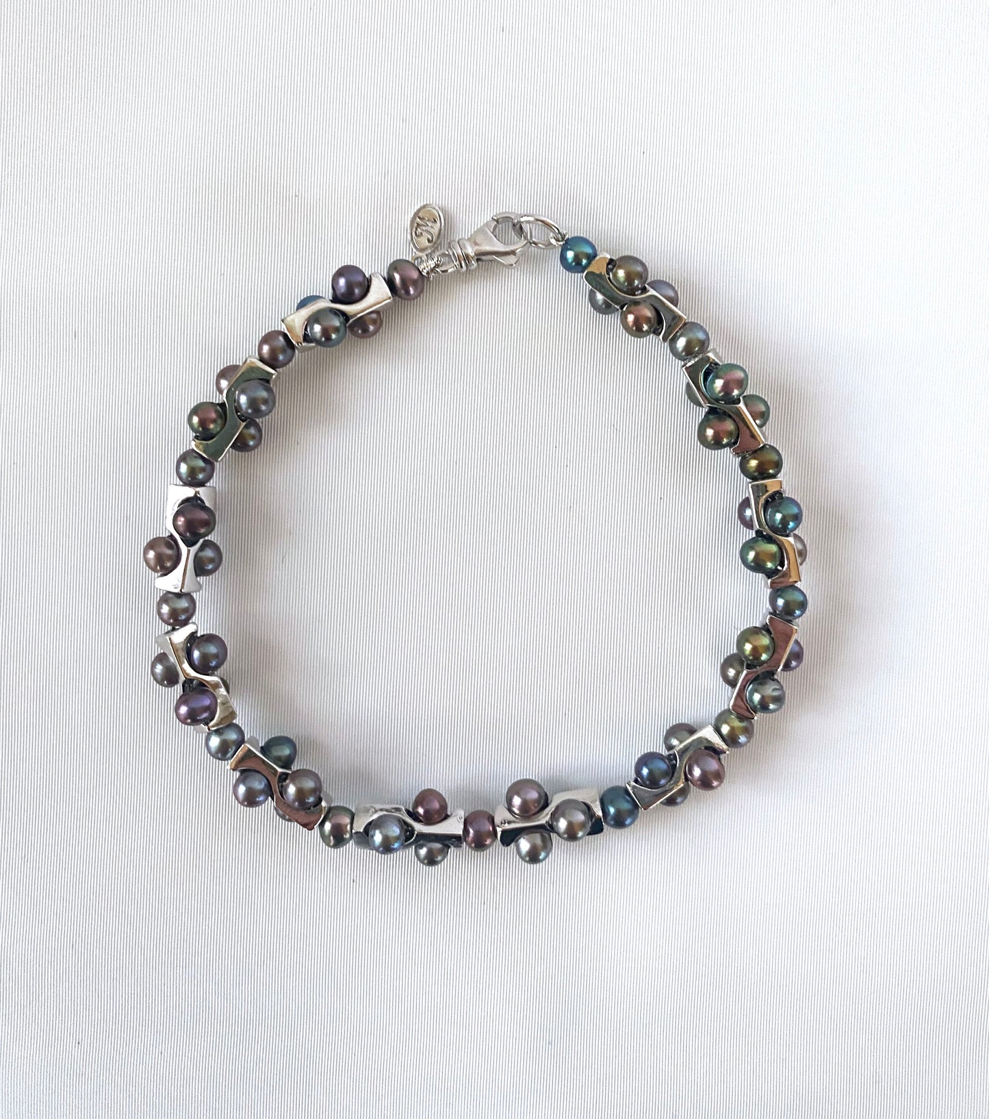 Men's Geometric Black Pearl Bracelet with Sterling Silver & 14k White Gold